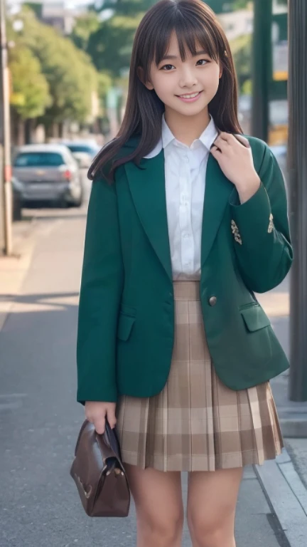 (masterpiece、masterpiece、8K、Raw photo:1.4)、High resolution、((Composition slightly away from the subject))、((A large full-body photo from face to eyes、cute little face、japanese woman、facing forward、stand with both feet together、because I'thin、stand up with good posture、Residential area in the morning、realistic、 girl、bus stop、I was waiting alone、hang your school bag on your shoulder、Japanese、height: 150cm、、delicate body、small breasts、Green Blazer Uniform、girl 、plaid skirt、elegant young teenage woman、brown loafers leather shoes、please keep your feet on the ground、full body shot、full body shot、Neat hairstyle details、かなりthin脚、Look at the viewer with a grin