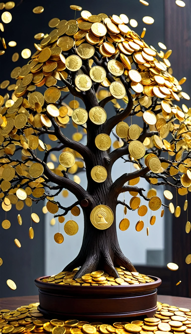coin tree,The crown is filled with gold coins,only gold coins,魔法coin tree,神奇coin tree,of, 超现实of, 疯狂of, 异想天开of, 史诗般ofmagpic金币幻想