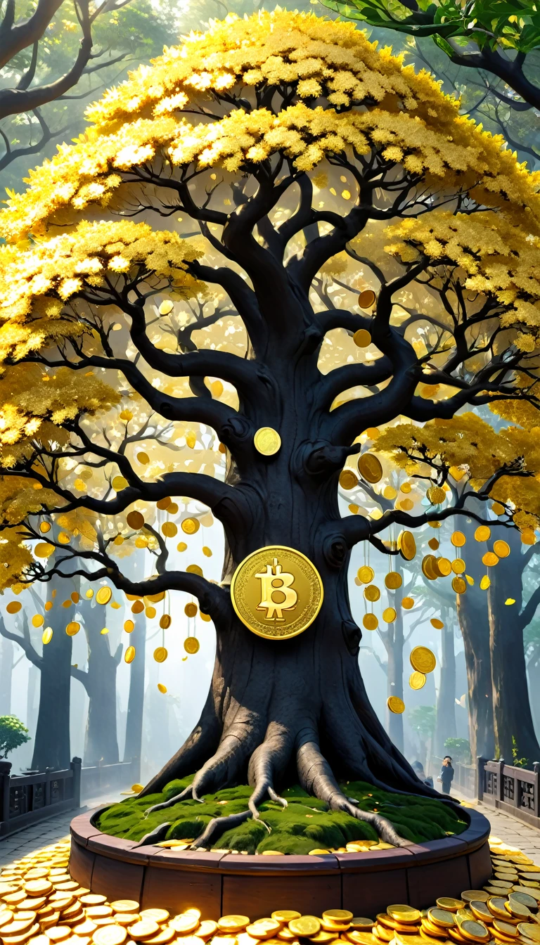 coin tree，The crown is filled with gold coins，only gold coins，魔法coin tree，神奇coin tree，of， 超现实of, 疯狂of, 异想天开of, 史诗般ofmagpic金币幻想