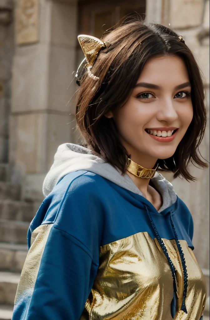 (masterpiece, best quality), intricate details,, 1girl, Gura, multicolored hair, blue eyes, shark hair ornament, gold hair ornament, gold choker, gold bracelet, sharp teeth, grin, blue hoodie,, greek clothes, peplos,