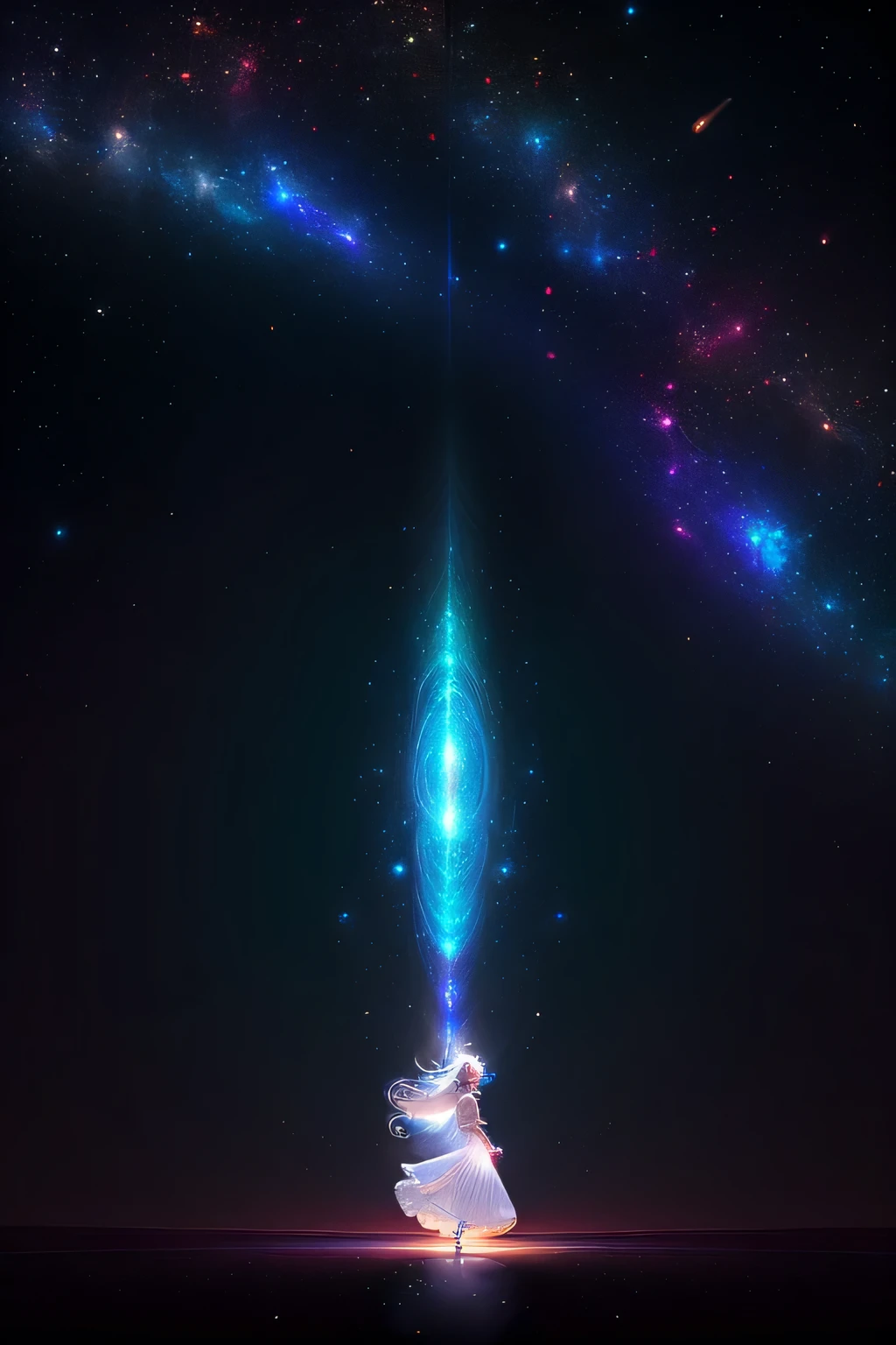 In this breathtaking 4K resolution masterpiece, an ethereal and dreamlike white-haired girl is seen gracefully dancing in the vast expanse of space. Her flowing dress floats effortlessly around her, enhancing her graceful movements. The scene is captured with professional precision, showcasing the extreme level of detail in every aspect of this artwork. The fractal art background adds a mesmerizing and hypnotic touch, with its vibrant and colorful cosmic patterns. The celestial glow illuminates the serene atmosphere, creating an enchanting and otherworldly ambiance. The seamless motion and high resolution of this image bring the viewer into a realm of pure beauty and aesthetic pleasure. With its detailed textures, ethereal lighting, and mesmerizing composition, this artwork is truly a work of art.
