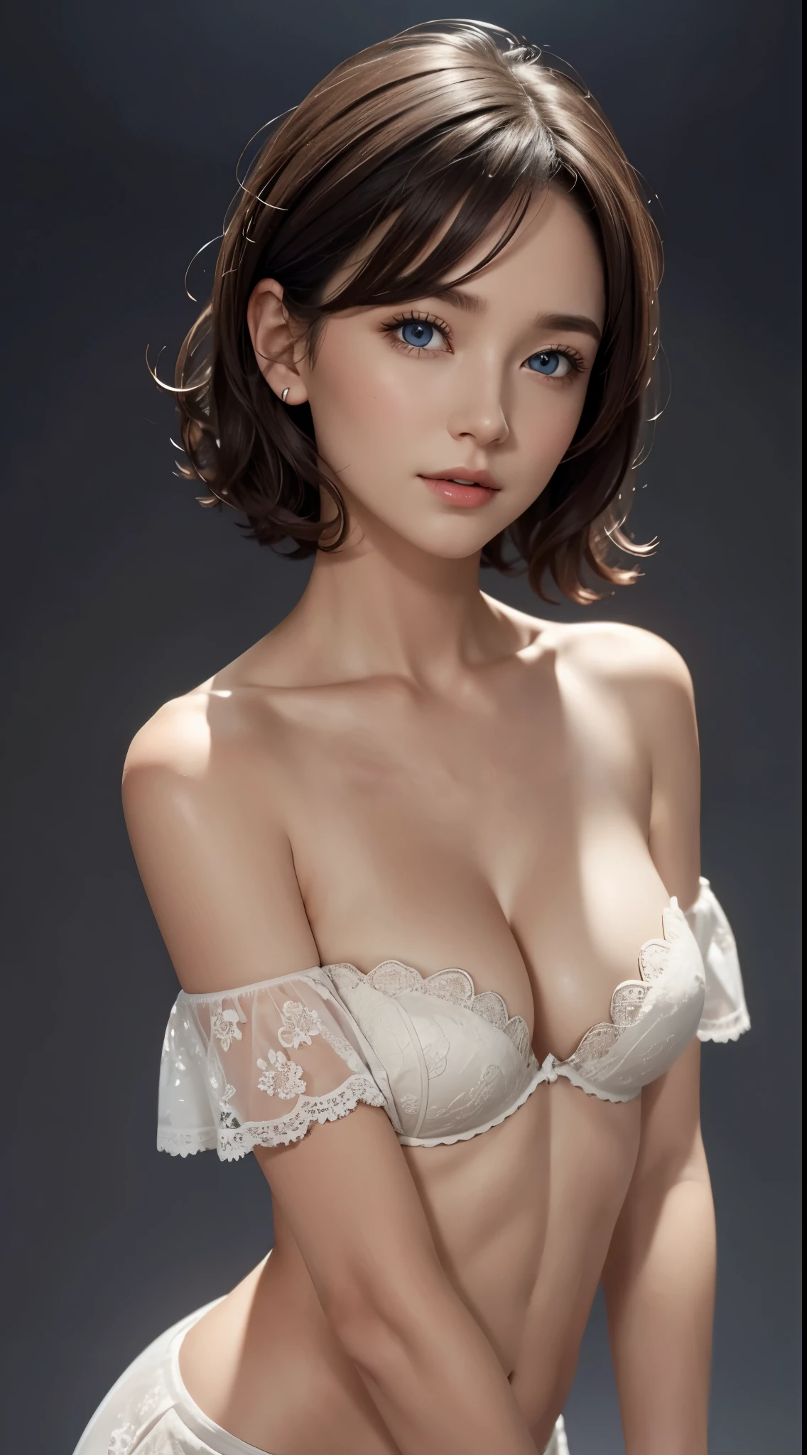 Top that fits your skin:1.2, looking at the viewer, cinematic lighting, perfection, soft light, high resolution skins:1.2, realistic skin texture, 30 year old mature woman、small face、No makeup、, off shoulder,bust B cup、small breasts、 exposed cleavage, blue eyes, short hair, dark brown hair、full nude、gray background、