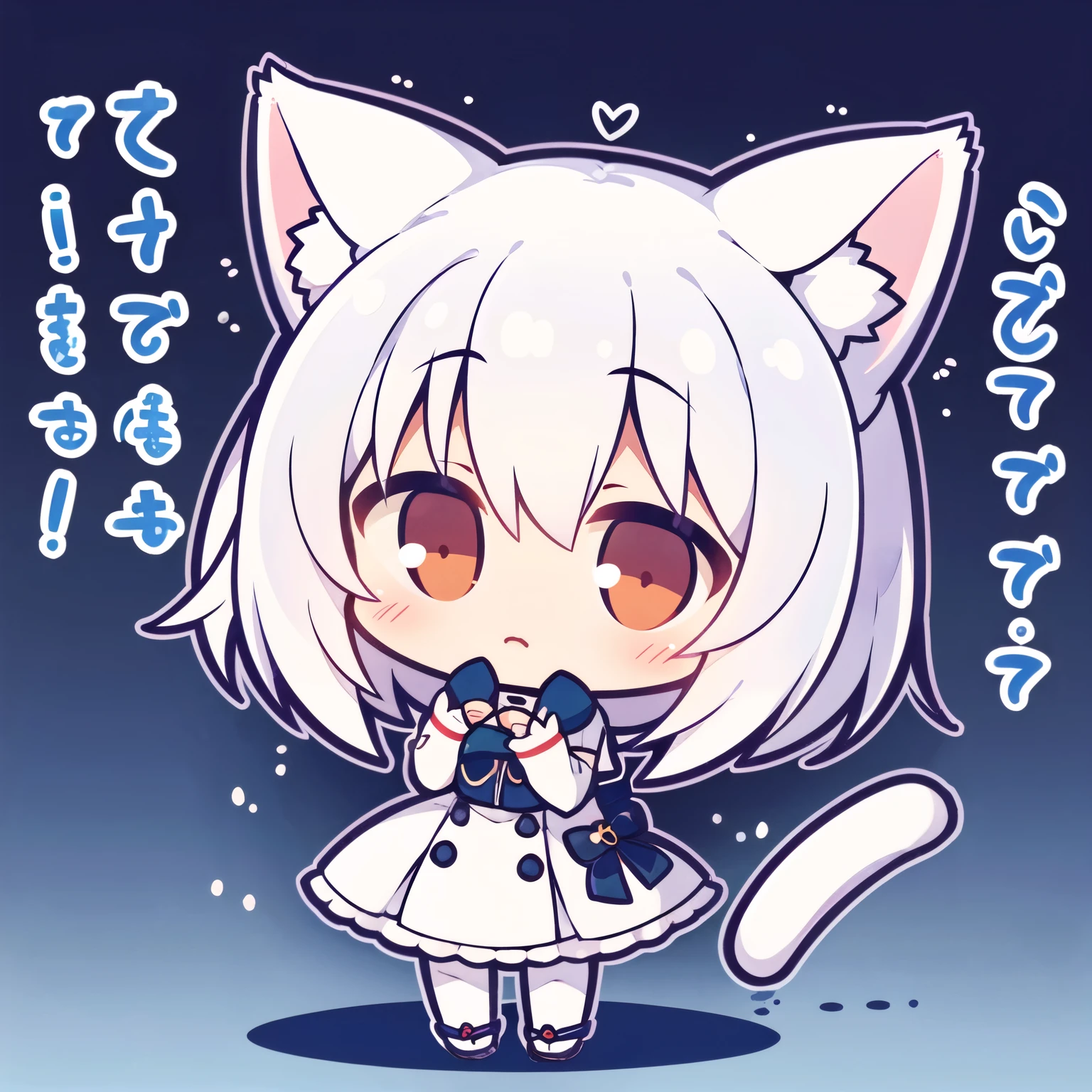 1girl, chibi, shy, spoken blush, double facepalm , white cat ears, white hair, white , red eyes , alone , no text