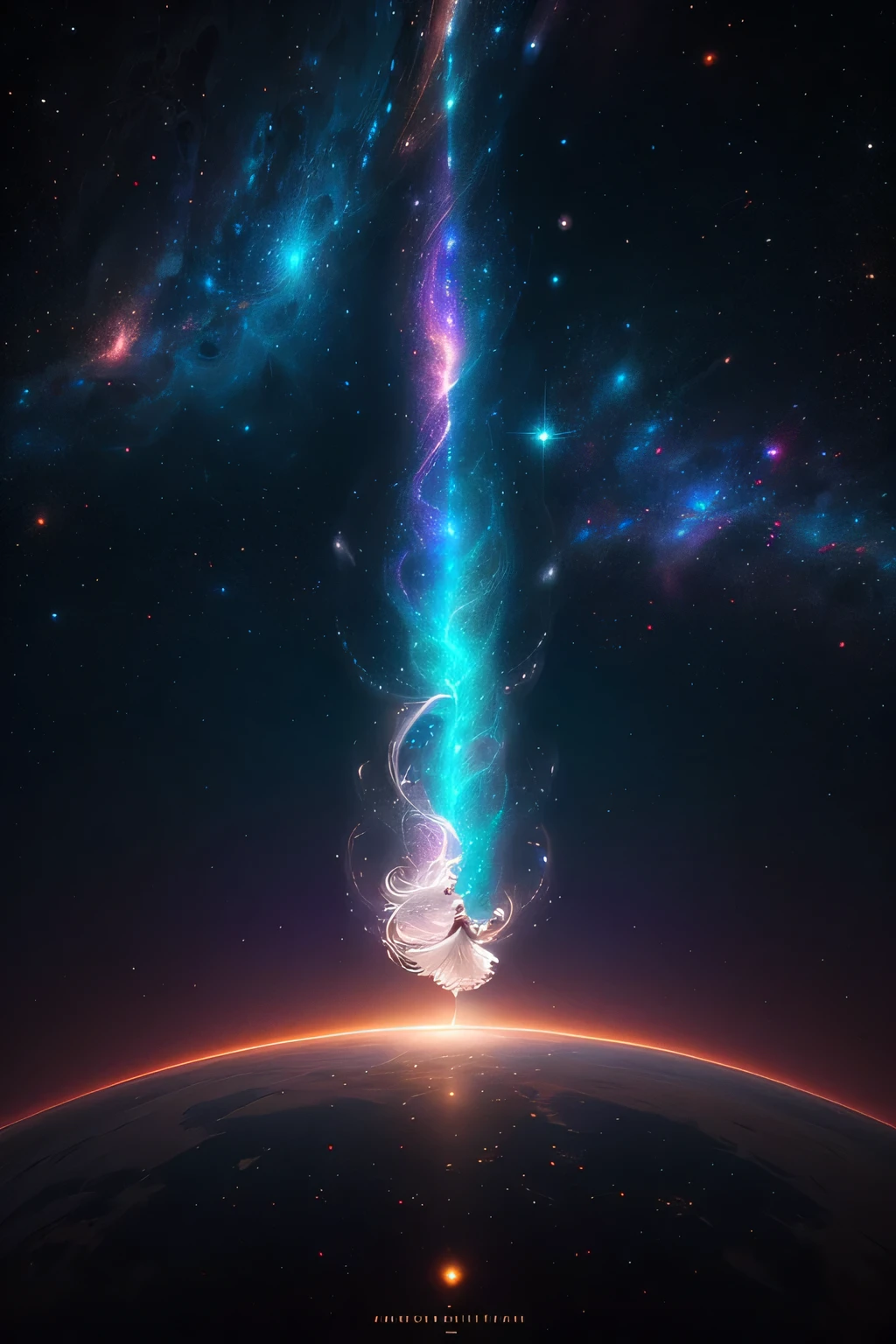 In this breathtaking 4K resolution masterpiece, an ethereal and dreamlike white-haired girl is seen gracefully dancing in the vast expanse of space. Her flowing dress floats effortlessly around her, enhancing her graceful movements. The scene is captured with professional precision, showcasing the extreme level of detail in every aspect of this artwork. The fractal art background adds a mesmerizing and hypnotic touch, with its vibrant and colorful cosmic patterns. The celestial glow illuminates the serene atmosphere, creating an enchanting and otherworldly ambiance. The seamless motion and high resolution of this image bring the viewer into a realm of pure beauty and aesthetic pleasure. With its detailed textures, ethereal lighting, and mesmerizing composition, this artwork is truly a work of art.