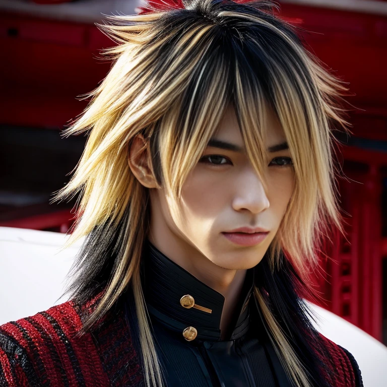 1 man, Japanese man, male, Asian eyes, muscular, broad shoulders, dragon,hairstyle Visual Kei style, hair Visual Kei, black men's shirt and black pants, ultra detailed face, hyperrealistic, realistic representation, long hair, long hair, 30 years old, age 30 years, blond, blonde hair