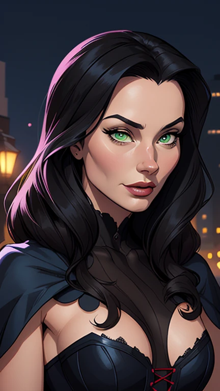 Turnaround sheetPersonagem Morticia Admas Imagem de desenho animado de uma mulher .cartoon style illustration, estilo de arte dos desenhos animados, estilo de arte dos desenhos animados, digital illustration style, design de personagens altamente detalhado, arte digital detalhada fofa, City fan art, Design de personagens de retrato, beautiful digital illustration, retrato de alta qualidade, Arte em quadrinhos, mulher jovem. Green eyes Medium bust and wonderful witch outfit sensual corset costume. expression of sexual desire