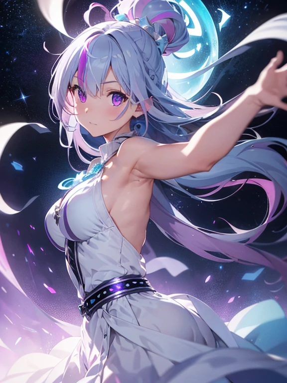 a goddess of light, (Silver blue hair streaked pink purple:1.4), (Gradient sky blue hair ends:1.6), hair strand, absurdly long hair, single sidelock, wavy hair, shiny hair, floating hair, (glowing Illusion deep purple eyes), delicate eyes, aqua eyes, High like real eyes, ((glowing eyes)), makeup, Focus on face, Very detailed facial, hot body, Random environment, Random pose, on the street, looking at the starry night sky, meteor, glowing clothing masterpiece, (((pure White extra long floating skirt and silver white armor))), (((floating several glowing colored cross stars beside))), Colored lights swirl around the body, (((glowing Extra large Illusion multiple complex magic circle stand upright floating on the back of the head))), full body shot, realism, chiaroscuro, (glowing light), sparkle, ray tracing, cinematic lighting, Futurism, motion blur, Ultra-Wide Angle, god rays, atmospheric perspective, best quality, UHD, super detail, masterpiece, highres, ccurate, retina, textured skin, super detail face, perfect face, Super fine facial details, beautiful and delicate eyes, perfect eyes, anatomically correct, correct limbs, correct figner, super detail figner, best hair quality, best clothing quality, best prop quality, best halo detail and quality, best magic circle detail and quality, complex halo detail,