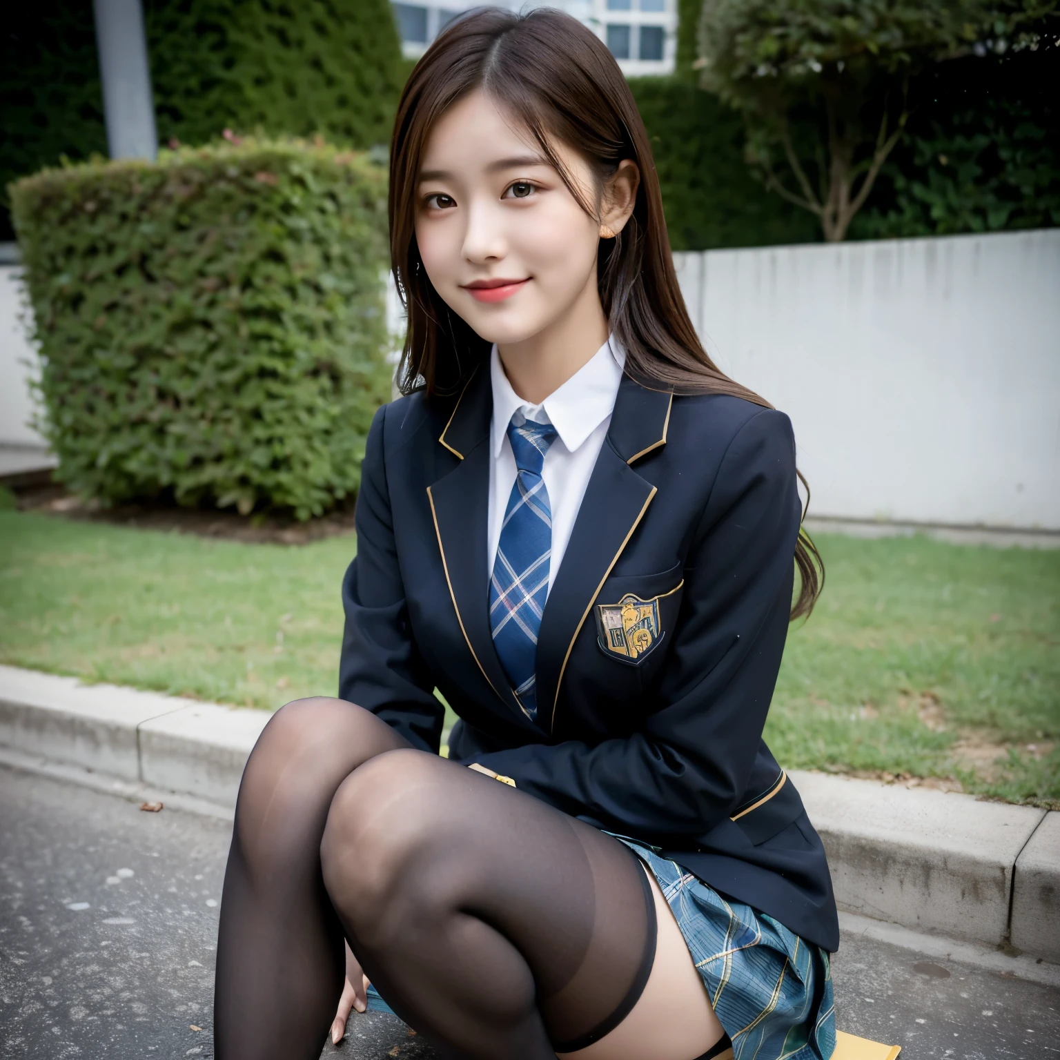 (8K), (highest quality: 1.2), (realistic), (realistic: 1.37), ultra high resolution, (1 girl), cute, smile, closed mouth, beautiful details, beautiful nose, wet hair, giant dulcefo, pork, thighs,self snap,University Student Uniform,simple blazer,pleated skirt,(The pattern of the skirt and tie is a tartan check pattern...:1.3),(sitting:1), sit on the ground,(hugging own legs:1),opaque tights,from the front