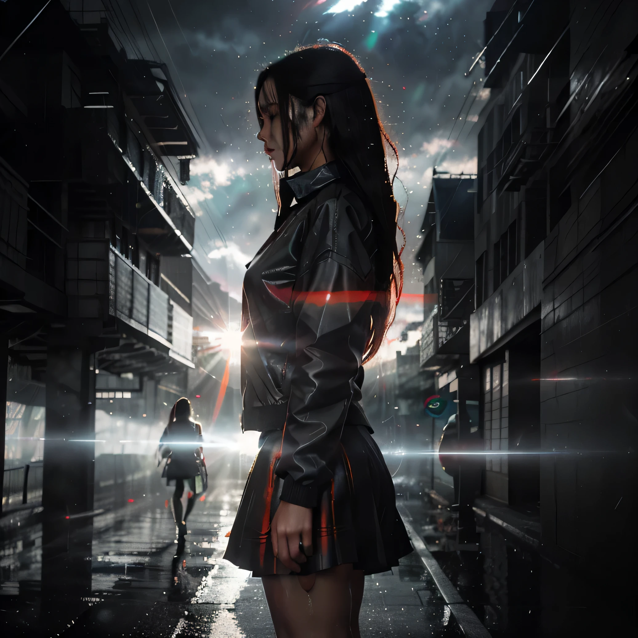 Modern digital anime art style,perfect soft shadows,balanced highlights,Masterpiece best quality 1 anime girl, wearing a shirt with oversized jacket,skirt,dynamic pose,long hair, sad girl,standing between a street,overcast,grey weather,wet road fx,anime lensflare, particles glowing effect,centred composition, dust particles blowing effect, extra VFX, post processed final refined illustration(facing side view)backlit rim lighting,smoke effect,(red and black color palette)hard brush strokes, concept art,night,raining,wet hair