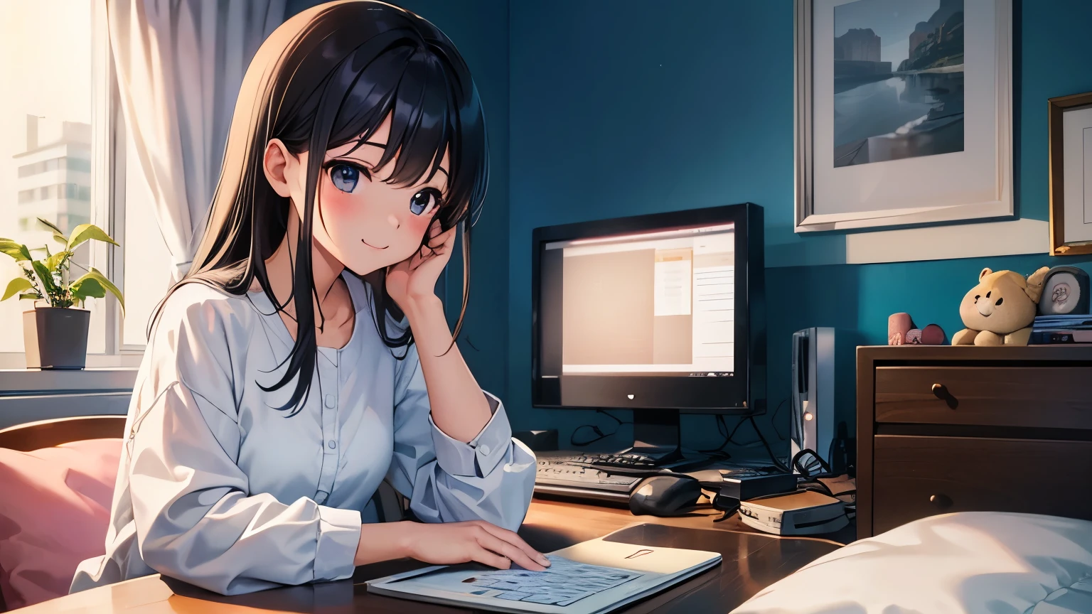 [opening scene]

	• It depicts a cute girl working leisurely at a teleworking station.。
	• She was relaxing in front of her computer.、Show a comical look。

[A heart-warming scene]

	• The camera shows the girl&#39;s room.、Depict a scene where stuffed toys and cute accessories are lined up。
	• Show her relaxing between work shifts。

[A comical scene]

	• Sudden、Her pets and stuffed toys start to get in the way of her work。
	• The camera captures her comical interactions with her pets and stuffed toys.、Invite laughter。

[A scene to refresh]

	• In between work、A girl stands at the window、Take in the views outside。
	• The scenery outside gives a warm feeling.、Describe her refreshing。

[ending scene]

	• The camera closes up on the girl&#39;s smile.、Depicts how she enjoys a relaxed daily routine while working remotely.。
	• lastly、Cute music playing、The screen fades out。