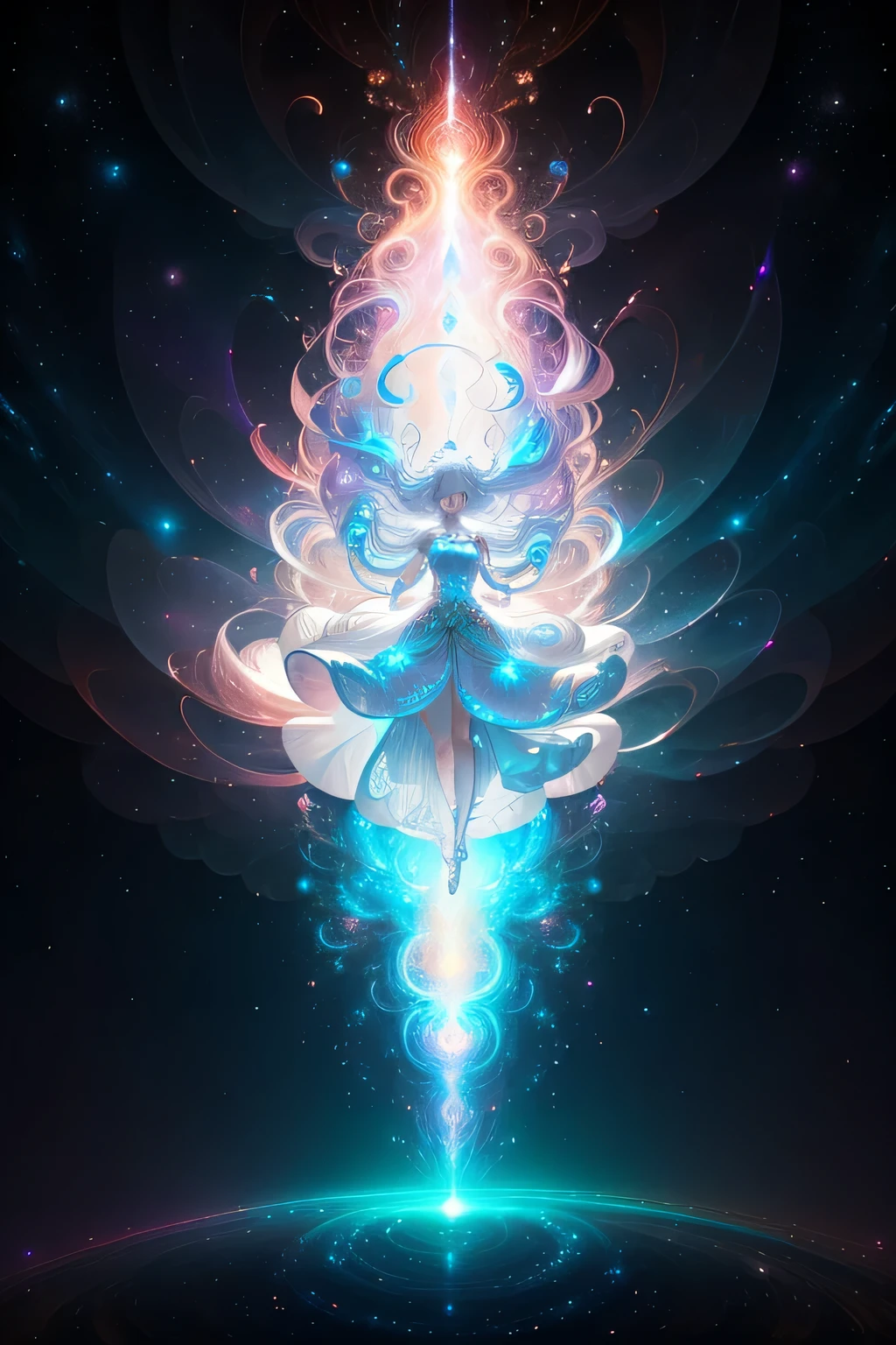 In this breathtaking 4K resolution masterpiece, an ethereal and dreamlike white-haired girl is seen gracefully dancing in the vast expanse of space. Her flowing dress floats effortlessly around her, enhancing her graceful movements. The scene is captured with professional precision, showcasing the extreme level of detail in every aspect of this artwork. The fractal art background adds a mesmerizing and hypnotic touch, with its vibrant and colorful cosmic patterns. The celestial glow illuminates the serene atmosphere, creating an enchanting and otherworldly ambiance. The seamless motion and high resolution of this image bring the viewer into a realm of pure beauty and aesthetic pleasure. With its detailed textures, ethereal lighting, and mesmerizing composition, this artwork is truly a work of art.