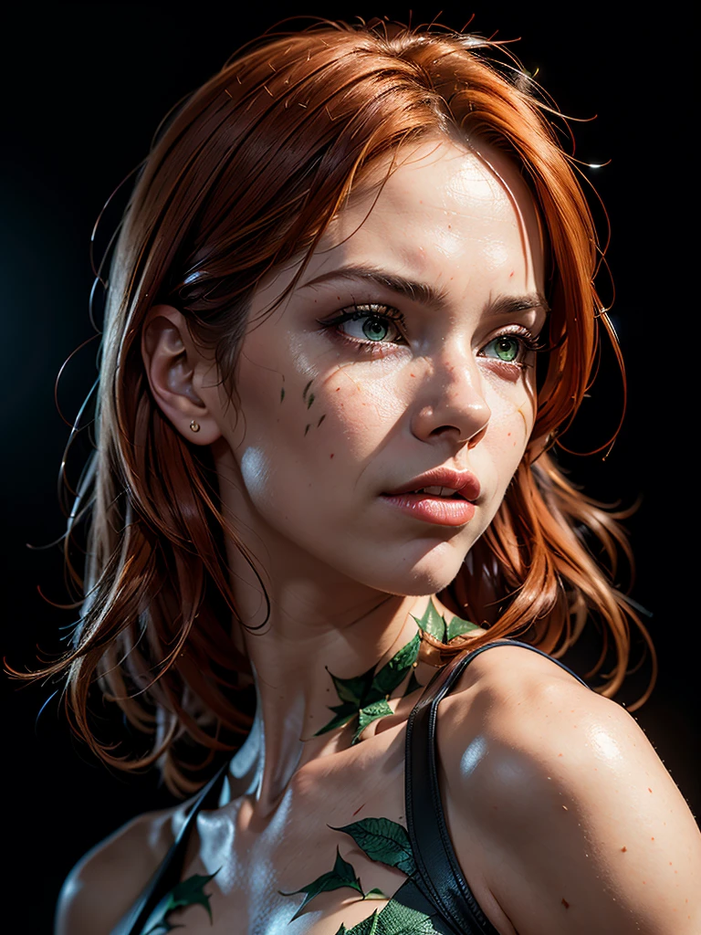 Close up, Full body photoshoot, hyperrealism, (photorealistic:1.2), (film grain:1.3), masterpiece, best quality, perfect detail, cinematic lighting, professional photo, realistic photo, raw photo, Marvel style, poison ivy, posing, simple black background, studio light