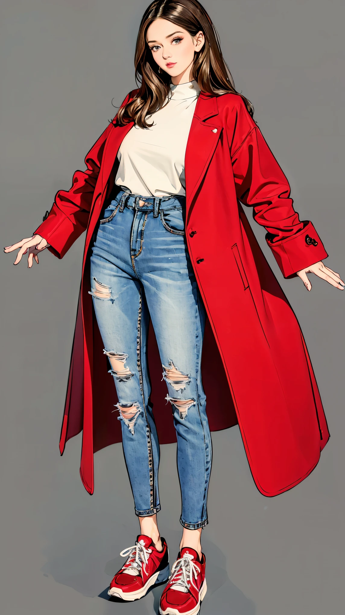 ((best quality,4k,highres,masterpiece:1.2)),((character concept art)), 1 female, age 23, French origin. With her soft, chestnut waves and striking hazel eyes, Claudine exudes an irresistible allure. Exchange student from France, Claudine's humble upbringing only enhances her intriguing persona. Her body language is as captivating as her intellect, always exuding confidence and sophistication. ((She is wearing a red velvet coat over white oxford shirt, denim jeans, and sneakers)). The attire's minimalist color enhances her unassuming persona. Claudine is genuinely altruistic, driven by a desire to make the world a better place—a stark contrast to the power-driven motives of her biological father. ((intricate detail)), super finely detailed hands, ultra finely detailed fingers(((ten fingers))), (standing confidently), (full body showcase), (show full body), (no logos on background), (no logo), ((plain background)), ((plain background)), (((empty background))).