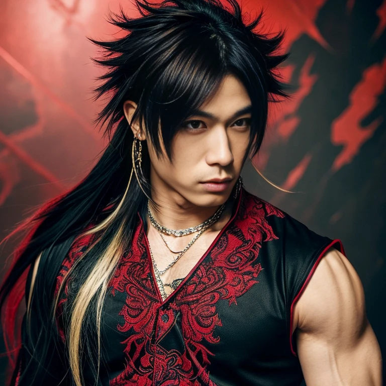 1 man, Japanese man, male, Asian eyes, muscular, broad shoulders, dragon,hairstyle Visual Kei style, hair Visual Kei, black men's shirt and black pants, ultra detailed face, hyperrealistic, realistic representation, long hair, long hair, 30 years old, age 30 years, blond, blonde hair