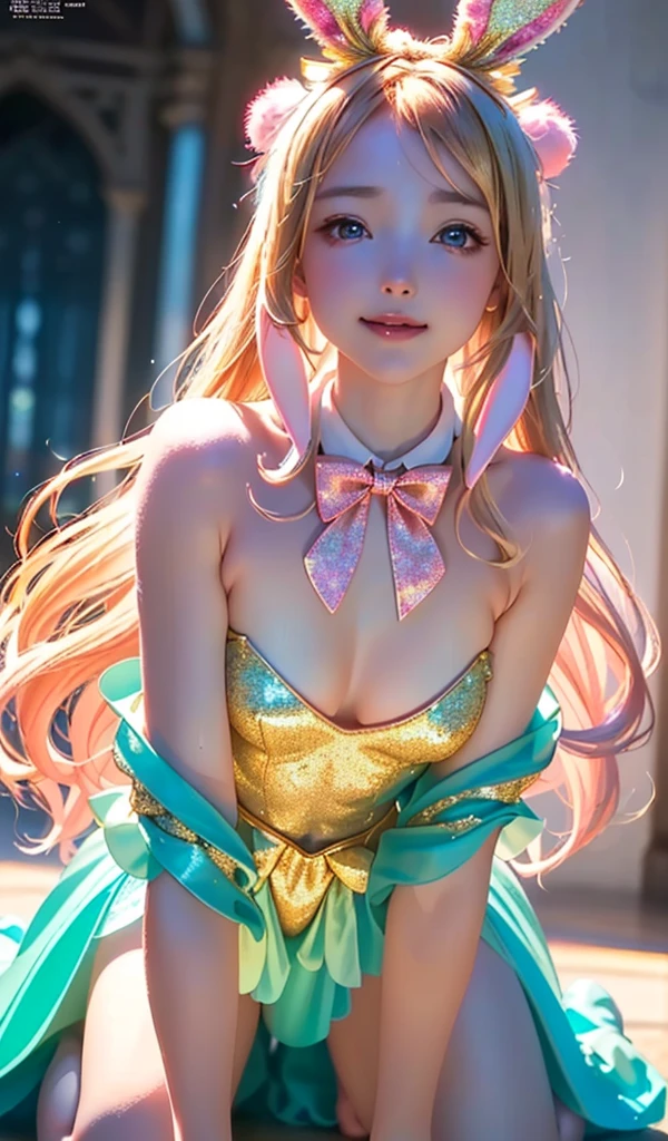 masterpiece, best quality, extremely detailed CG unity 8k wallpaper, (Upper Body head close-up shot of a beautiful little girl), Wendy, Elegant Long straight blonde hair, (Mckenna Grace), ((flat chest,thighs)), ((pink-Cyan)) golden ((Glittering tutu,long Bunny Ear Headgear, , Bow-tie, )), ((Kneel,all fours,from below)), (Blush), oil skin, (seductive smile), (Wonderland), pretty face, key art, award winning, intricate detail realism hdr, by (ruan jia and artgerm and range murata), Photorealism, Hyperrealism, ultra realistic, dramatic light, intense shadows, gorgeous view, depth of field
 
