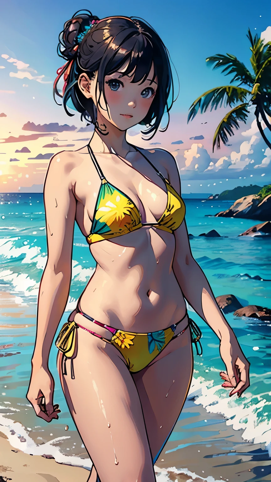 [ 4K digital art ]、((highest quality, masterpiece, High resolution))、((anime art))、 ((reality))、beautiful japanese woman、((two women))、18-year-old、((They are friends))、(((Two girls holding hands、walk on the beach)))、(Detailed depiction of a beautiful face)、smile gently、small breasts、slim body shape、medium short hair、semi-long、bun hair、Wet see-through bikini、(Wrap your waist in fabric with bold ethnic patterns and plenty of primary colors.。.)、realistic skin、Wet、full body、No zoom、No close-ups、(Beautiful tropical beach landscape photography)、cinematic light、tropical、(flowers on the beach)、Against the background of palm trees、on a sunny beach、With the sea in the background、squall、rainbow、blur background、