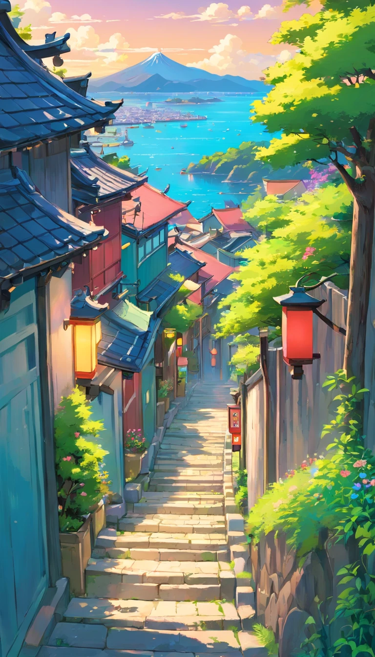 crossroads、(((Colorful, toy-like winding backstreets of Japan)))、(((素晴らしいFluorescent colorの尾道の住宅街)), pink and blue((Fluorescent color)), (((Colorful toy-like color scheme))), ((( Inland Sea))), (beautiful view from the hill), (On the slope), spring blue sky, big, deep and beautiful clouds, Cool and warm color palette, high contrast, hard shadow (masterpiece, highest quality), (exquisite light and shadow, very dramatic picture, cinematic lens effects), Down the hill is a port town., Inland Sea, There are many plants in front of me, lawn area, Backlight、There is a fence along the slope、slope stairs
