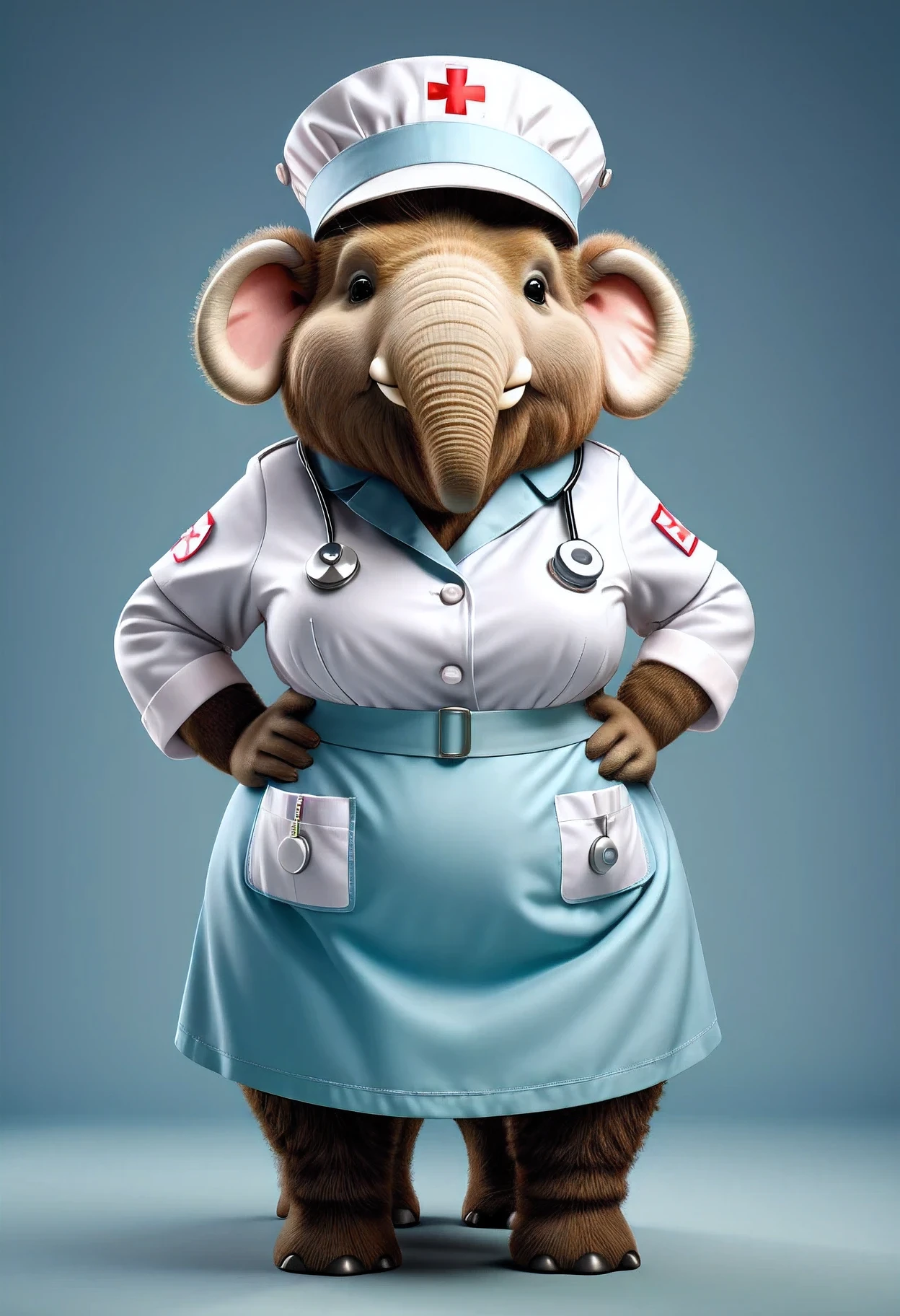 photorealistic portrait of Dressed animals - a ((fat)) cute mammoth nurse,(hands on hips:1.2),(), high quality,(lovely) ,intricate details, highly detailed (( nurse costume)), wearing nurse cap and skirt , highly detailed medical equipment , (happy), studio lighting,(),(simple background)