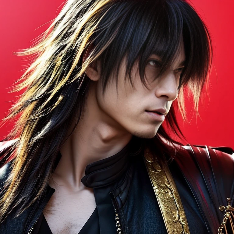 1 man, Japanese man, male, Asian eyes, muscular, broad shoulders, dragon,hairstyle Visual Kei style, hair Visual Kei, black men's shirt and black pants, ultra detailed face, hyperrealistic, realistic representation, long hair, long hair, 30 years old, age 30 years, blond, blonde hair
