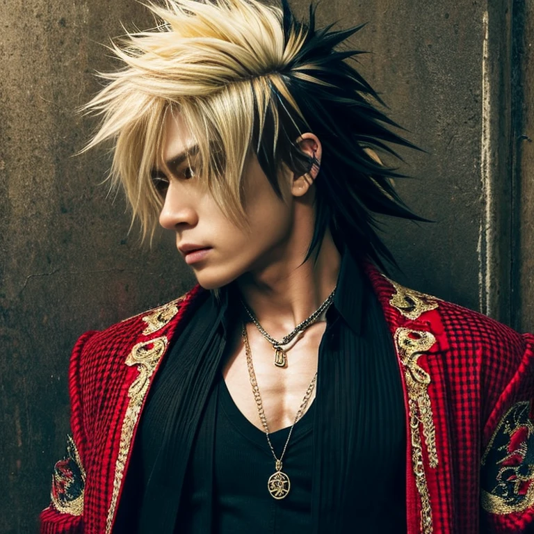 1 man, Japanese man, male, Asian eyes, muscular, broad shoulders, dragon,hairstyle Visual Kei style, hair Visual Kei, black men's shirt and black pants, ultra detailed face, hyperrealistic, realistic representation, long hair, long hair, 30 years old, age 30 years, blond, blonde hair