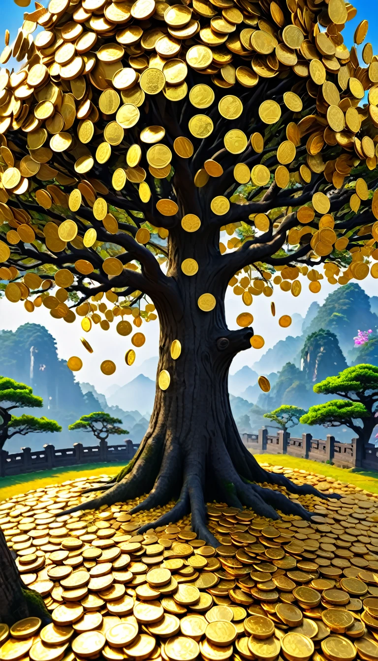 coin tree,The crown is filled with gold coins,only gold coins,魔法coin tree,神奇coin tree,of, 超现实of, 疯狂of, 异想天开of, 史诗般ofmagpic金币幻想