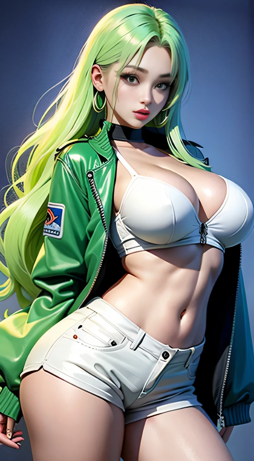 sfw, cool cyber idol、whole body、good style、(hands behind back), (perfect hands)、white shorts、thick legs、Fluorescent Green Hair、cybertruck jacket, wearing bra,((skinny waist)), young asian girl, ((big breasted)),