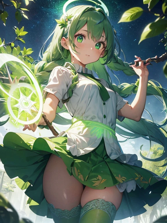 a goddess of life, mature look, mature body, (((leaf green hair streaked glowing green low twin super large long braids))), wavy hair, floating hair, hair strand, (((glowing phantom green eyes))), aqua eyes, pupils sparkling, longeyelashes, eye reflection, (((Glowing silver-green half-helmet))), ((A short skirt made of many leaves)), (Green thigh stockings), Leaf green boots, flower hairclip, flower earrings, glowing clothing masterpiece, (((Hand holding a huge branch-shaped staff with small flowers and leaves))), (((A large green glowing magic circle at your feet))), (((A huge leaf totem floats upright behind the back))), (((A halo composed of various greens on the head))), Many leaves are flying around the body, Random expressions, Random pose, (Floating on cloud), green god rays, Focus on face, Highly detailed face, high quality clothes, anime, Futurism, chiaroscuro, motion blur, sparkle, glowing light, reflection light, ray tracing, UHD, retina, ccurate, masterpiece, super detail, best quality, textured skin, super detail face, perfect face, Super fine facial details, beautiful and delicate eyes, perfect eyes, anatomically correct, correct limbs, correct figner, super detail figner, best hair quality, best clothing quality, best prop quality, best halo detail and quality, best magic circle detail and quality, complex halo detail,