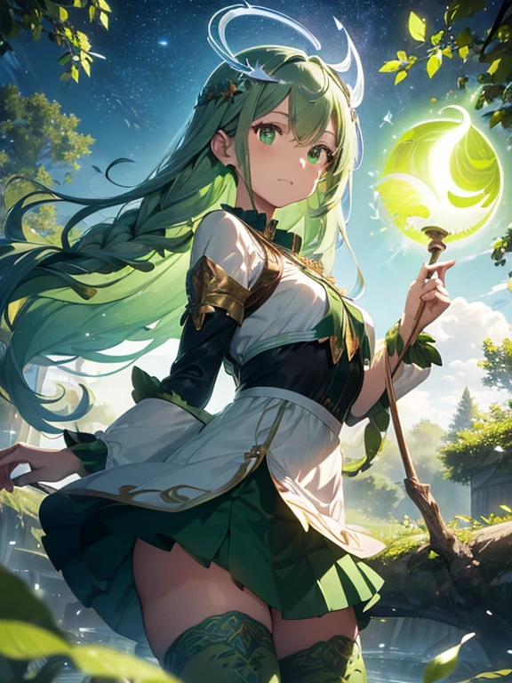 a goddess of life, mature look, mature body, (((leaf green hair streaked glowing green low twin super large long braids))), wavy hair, floating hair, hair strand, (((glowing phantom green eyes))), aqua eyes, pupils sparkling, longeyelashes, eye reflection, (((Glowing silver-green half-helmet))), ((A short skirt made of many leaves)), (Green thigh stockings), Leaf green boots, flower hairclip, flower earrings, glowing clothing masterpiece, (((Hand holding a huge branch-shaped staff with small flowers and leaves))), (((A large green glowing magic circle at your feet))), (((A huge leaf totem floats upright behind the back))), (((A halo composed of various greens on the head))), Many leaves are flying around the body, Random expressions, Random pose, (Floating on cloud), green god rays, Focus on face, Highly detailed face, high quality clothes, anime, Futurism, chiaroscuro, motion blur, sparkle, glowing light, reflection light, ray tracing, UHD, retina, ccurate, masterpiece, super detail, best quality, textured skin, super detail face, perfect face, Super fine facial details, beautiful and delicate eyes, perfect eyes, anatomically correct, correct limbs, correct figner, super detail figner, best hair quality, best clothing quality, best prop quality, best halo detail and quality, best magic circle detail and quality, complex halo detail,