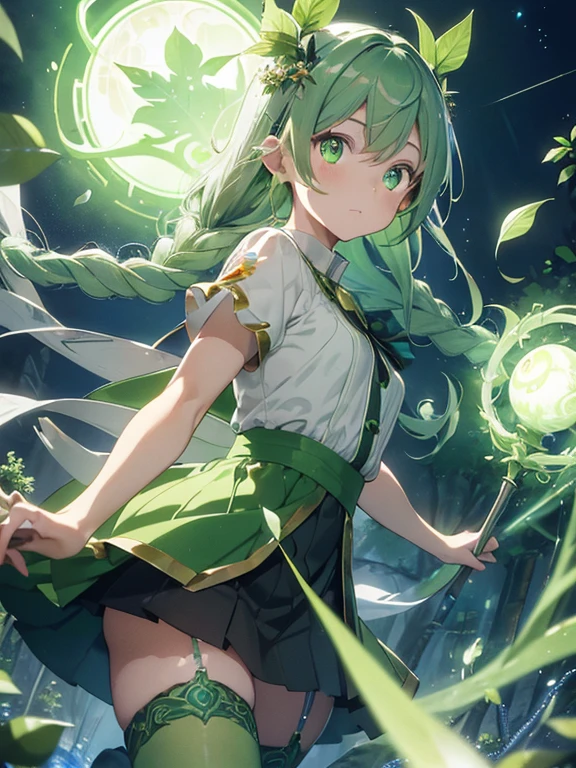 a goddess of life, mature look, mature body, (((leaf green hair streaked glowing green low twin super large long braids))), wavy hair, floating hair, hair strand, (((glowing phantom green eyes))), aqua eyes, pupils sparkling, longeyelashes, eye reflection, (((Glowing silver-green half-helmet))), ((A short skirt made of many leaves)), (Green thigh stockings), Leaf green boots, flower hairclip, flower earrings, glowing clothing masterpiece, (((Hand holding a huge branch-shaped staff with small flowers and leaves))), (((A large green glowing magic circle at your feet))), (((A huge leaf totem floats upright behind the back))), (((A halo composed of various greens on the head))), Many leaves are flying around the body, Random expressions, Random pose, (Floating on cloud), green god rays, Focus on face, Highly detailed face, high quality clothes, anime, Futurism, chiaroscuro, motion blur, sparkle, glowing light, reflection light, ray tracing, UHD, retina, ccurate, masterpiece, super detail, best quality, textured skin, super detail face, perfect face, Super fine facial details, beautiful and delicate eyes, perfect eyes, anatomically correct, correct limbs, correct figner, super detail figner, best hair quality, best clothing quality, best prop quality, best halo detail and quality, best magic circle detail and quality, complex halo detail,