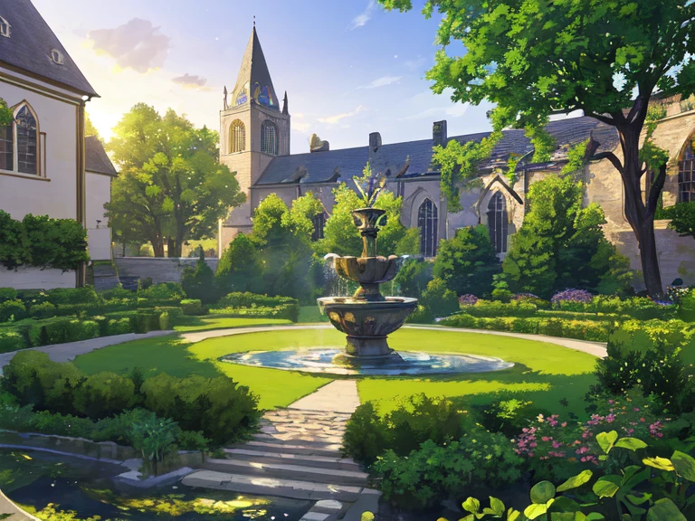 masterpiece, highest quality, (Highly detailed CG Unity 8K wallpaper) (highest quality), (best illustrations), (best shadow) nature,delicate leaves,garden, cobblestone,Small fountain,church,Super detailed--v6