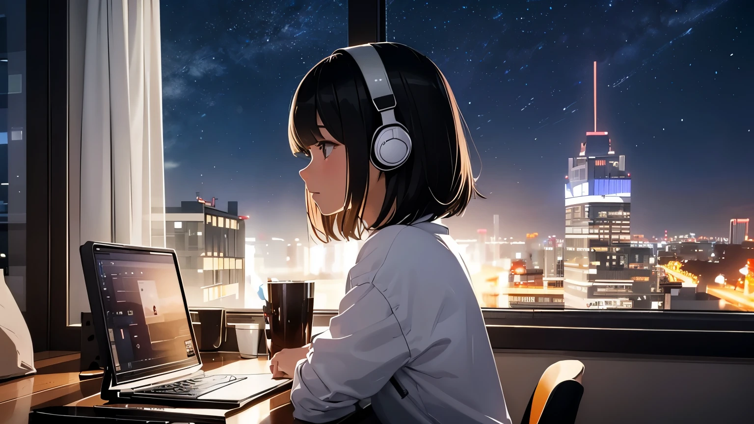 girl、1 person、black hair、shortcut、headphone、night room、Night view in the window、Studying at a desk、Profile facing the window、Delete the object on the left side of the cup