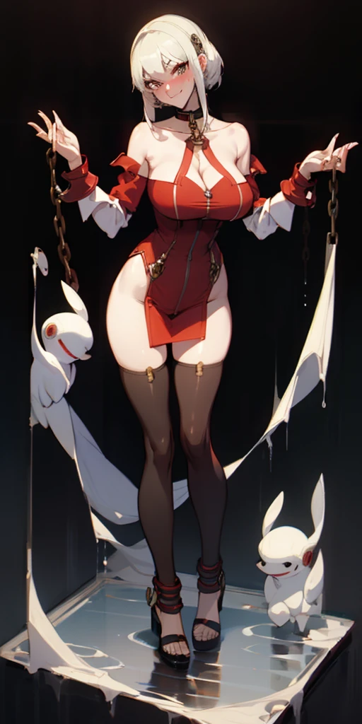 dark fantasy anime illustration of a (mature MILF BIMBO albino skin and short white hair), (FULL BODY) perfect face, wearing tight leather stealth armor, stalking, BIG KNOCKERS CLEAVAGE, lustful smirking smile red blush red cheeks, chain leash, kneeling, shackles, leather black collar slave, ((BLACK background)) hands on glass WITH KNOCKERS on glass, glass window fog water drop, 5 fingers each hand, metal handcuffs, black choker collar, thighhighs, long legs, metal ankle, metal sandals, metal shoulders, standing straight symmetrical against glass
