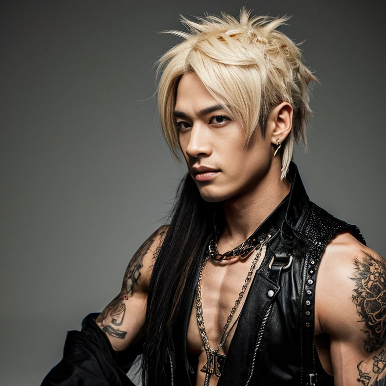 1 man, Japanese man, male, Asian eyes, muscular, broad shoulders, dragon,hairstyle Visual Kei style, hair Visual Kei, black men's shirt and black pants, ultra detailed face, hyperrealistic, realistic representation, long hair, long hair, 30 years old, age 30 years, blond, blonde hair
