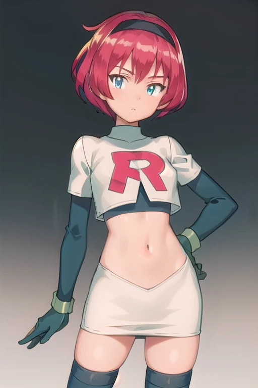 (masterpiece, best quality:1.2), solo, 1girl, georgia, looking at viewer, headband, team rocket,team rocket uniform,white skirt,red letter R,crop top,black thigh-highs,black elbow gloves,left hand have omanitrix