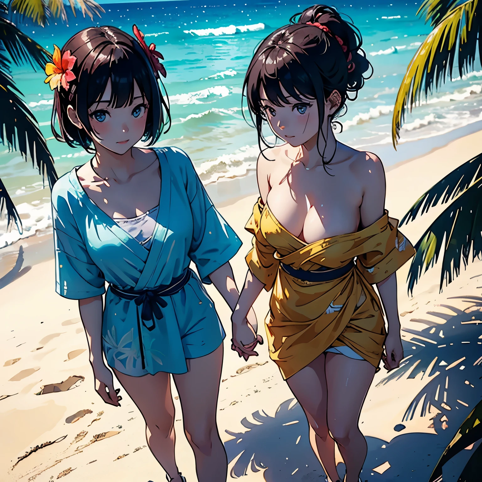 [ 4K digital art ]、((highest quality, masterpiece, High resolution))、((anime art))、 ((reality))、beautiful japanese woman、((two women))、19 years old、((They are friends))、(((Two girls holding hands、walk on the beach)))、(Detailed depiction of a beautiful face)、smile gently、small breasts、slim body shape、medium short hair、semi-long、bun hair、Wet see-through bikini、(Wrap your waist in fabric with bold ethnic patterns and plenty of primary colors.。.)、realistic skin、Wet、full body、No zoom、No close-ups、(Beautiful tropical beach landscape photography)、cinematic light、tropical、(flowers on the beach)、Against the background of palm trees、on a sunny beach、With the sea in the background、squall、rainbow、blur background、