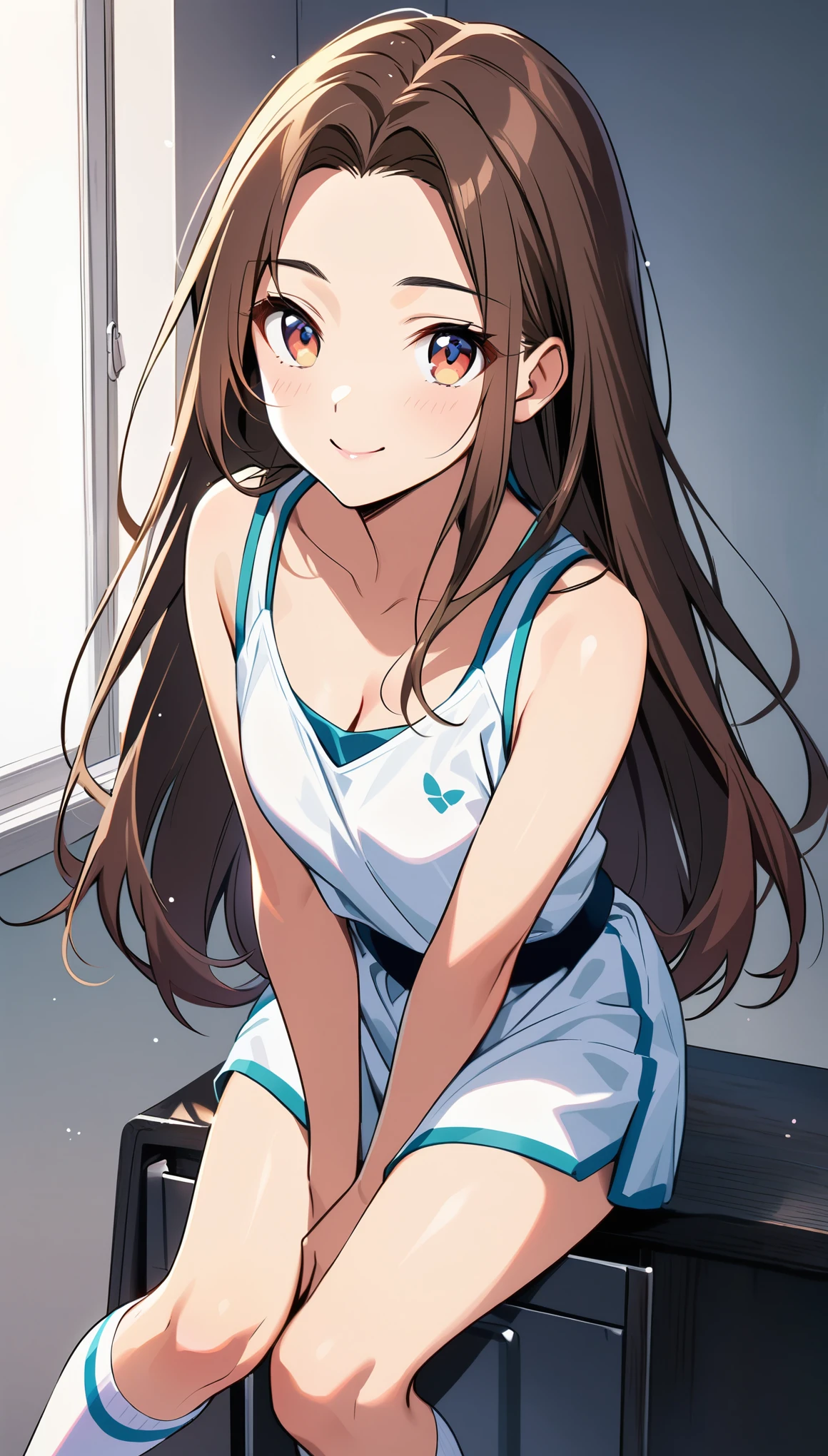 full-body shot,white socks,sports shoes,JK,18 years old,simple,slender legs,Extremely beautiful and delicate,Light makeup,brown hair,Smile,Delicate, beautiful and fair skin,Exquisite and complete facial features,high nose bridge,Beautiful gentle girl,Extremely fine hair,soft temperament