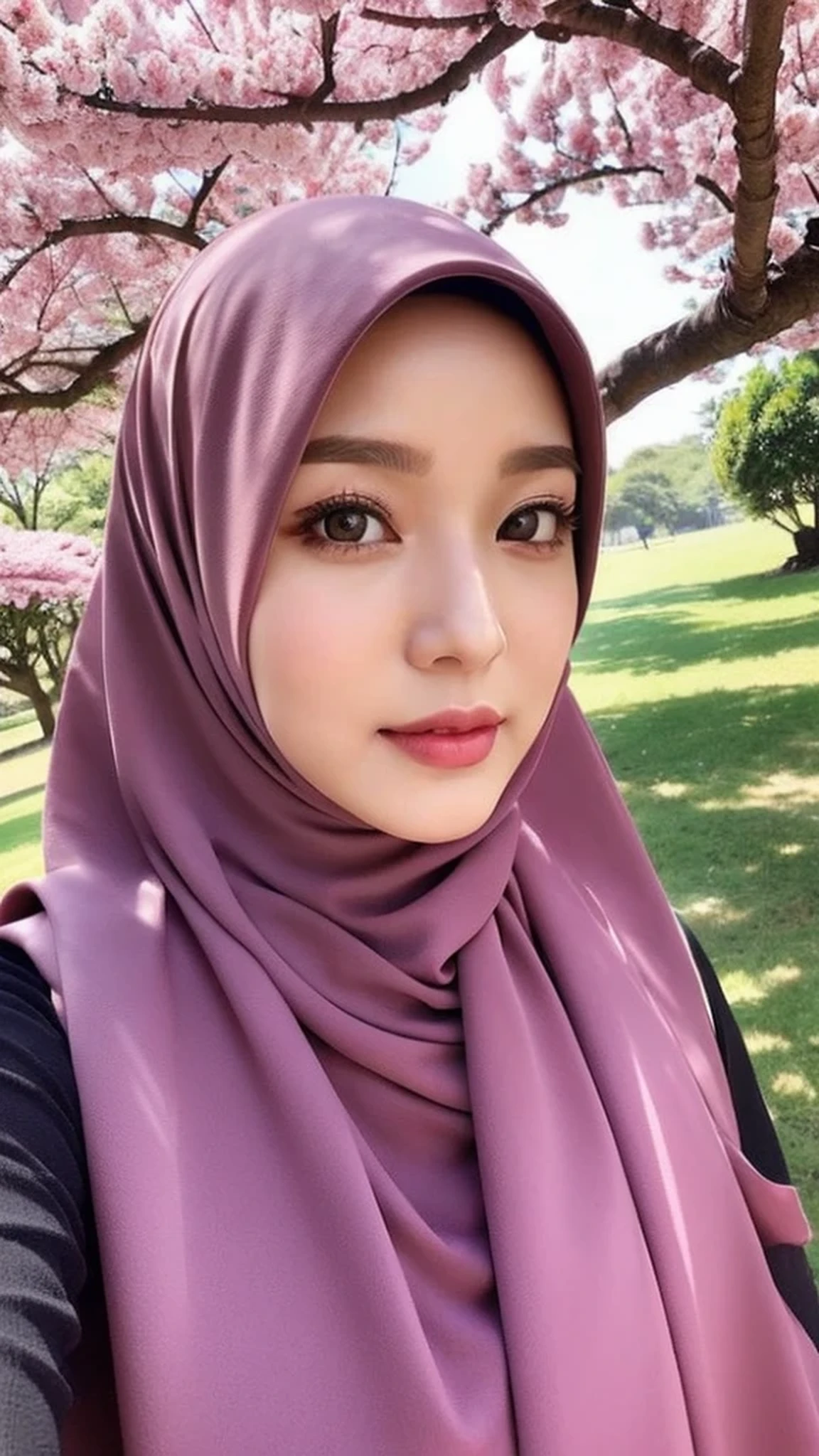 Realistic, ultra sharp, Beautuful Women、hijab, indonesian, cherry blossom、selfee、The face is cute、Vanrak Ayyans appears、1 girl, stylish
