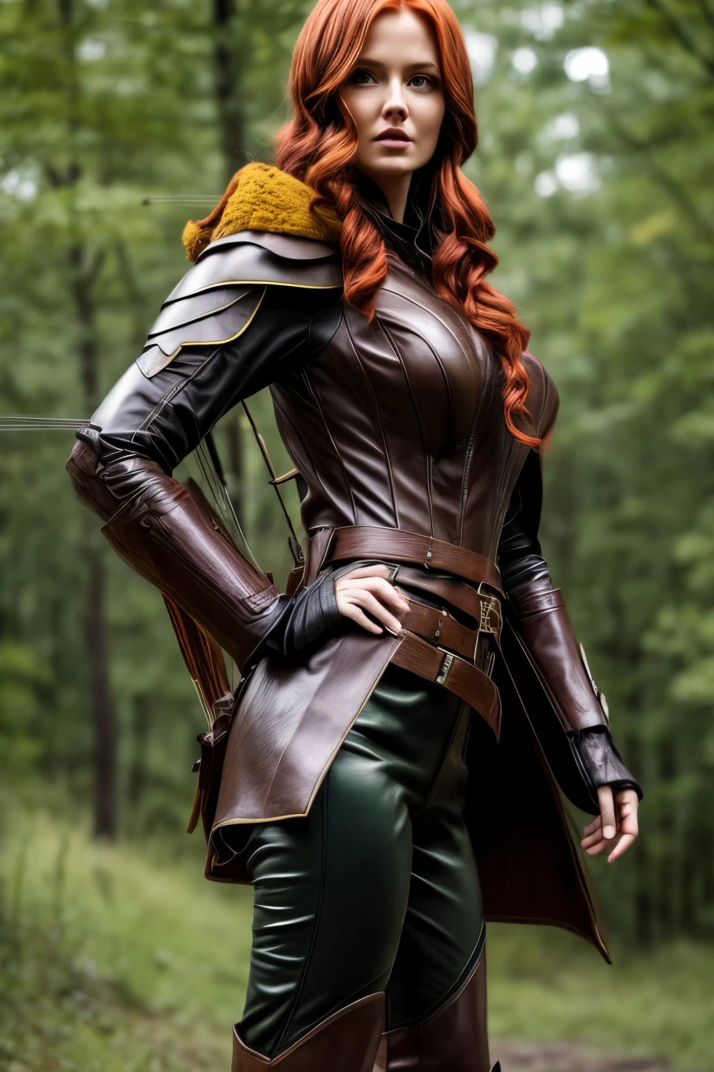 (photorealistic:1.1) 32 yo woman forest archer in a fantasy world, action shot, female protagonist, very tall woman, wearing knee-high lightweight brown leather boots, wearing brown animal leather pants, wearing green and yellow Ranger cloak, wearing a Oakleaf necklace, wearing green breeches beneath her cloak, hoody put down from her cloak, luscious hair, defiant and fierce face, beautiful woman, sexy, barefaced, threatening posture towards viewer, looking at viewer, emphasis on face, perky tits, tight clothes, fiery red hair flowing in the wind, realistic, real shadow, 3d