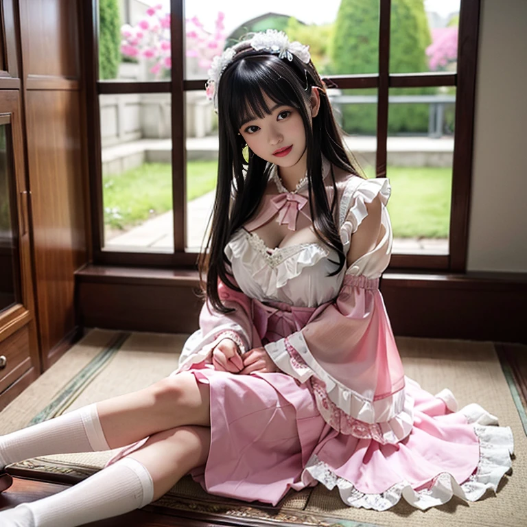 best quality, masterpiece, lifelike, 1 girl, alone, eternal, black hair, Long curly hair, blunt bangs, Smile, pink skirt, pink ta dress, layered skirt, Lolityle long skirt,分層連衣裙 lace-trimmed 裙子, decorate, lace, long sleeve, puff sleeves, wide sleeves, Transparent sleeves, hair accessories, 在flower园里, flower, Detailed background, delicate face,pink blush,white及膝襪, Pink shoes,cold,Lots of lace,((masterpiece))、(top quality)、8K、high detail、super detailed、 21 years old female,穿着pink lolita d((dreamy atmosphere:1.1))、Seductive and whimsical style、masterpiece、born、Scenes resembling fairy tale illustrations、intricate details展示了洛丽塔礼服的荷叶边和复杂的设计、capricious、 beautifully、Dream aesthetics、「𝓡𝓸𝓶𝓪𝓷𝓽𝓲𝓬、ethereal、charming、fickle、magic」、realism、Visual effect、FXAA、SSAO、shader、voiceless、ambient lighting、Tone mapping、High resolution、ultra high definition、megapixel、(8K resolution:1.10)、8K、8K resolution、high detail、intricate details、 (high quality:1.2、masterpiece:1.2、:1.21)、(21 years old female:1.21)、(興奮地Smile)、(Surrounded by the dreamy atmosphere of an amusement par色洛丽塔连衣裙、Her eyes were full of surprise and joy、I took a lot of geek photos、High heel、Model diagram,full-body shot,Knee-high white的 lace socks,Sweet Lolita,Normafeet,Pink shoes,Baotou shoes,full-body shot,University Teachers'不要exposed你的手指,Emphasize the volume of the skirt,exposed,huge breasts,white,The skirt flew up,Low-cut nudity,hair accessories,big skirt dress,If you shoot from a certain angle you can see my panties,eternal,The skirt floated up