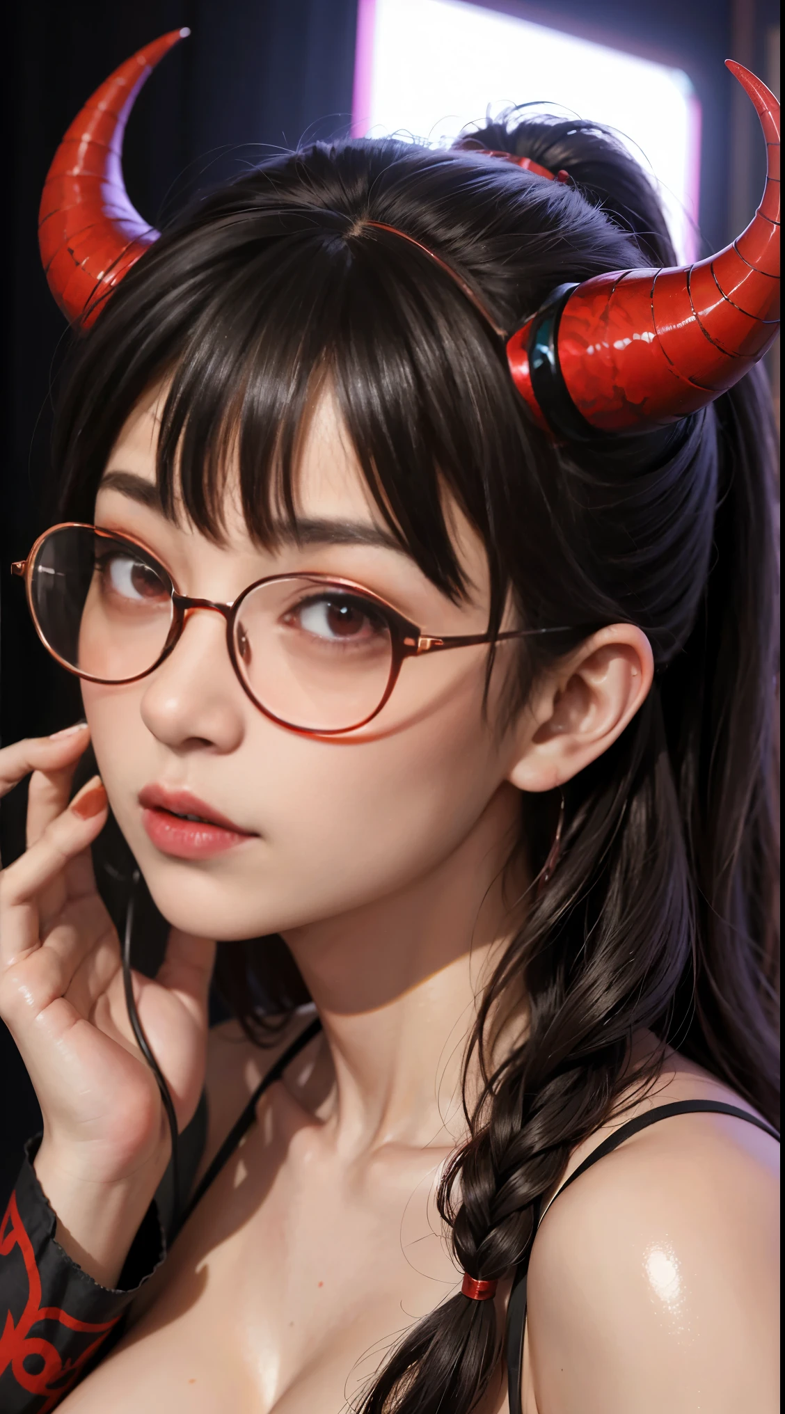 Are you okayですか、(best illustration)、8k UHD resolution、intricate details、highest quality、realistic、Super detailed、best writing、best shadow、soft lighting、ultra hd、Super realistic、Tyndall effect、Photoreal、(high detail skin:1.2)、 (intricate details, compensate, face to face with the children_V1:0.5), (Beautiful and delicate face in every detail, Are you okay, beautiful and delicate eyes, perfectly proportioned face, high resolution skin, fine skin, Optimal ratio of 4 fingers and 1 thumb, arm under chest, red tattoo on lower abdomen、amazing、amazing, wide hips, smooth abdomen, thin and thin skin, __fashion__, __hair__:1.25)、Digital single-lens reflex camera、 absurd、1 Beautiful devil woman from hell, デヴィッド・ホックニーとアルフォンス・ミュシャによる超realistic女性のポートレート, Portrait of a seductive woman、fantasy art, Chinese humanoid robot、chinese actress、dungeon、dragon、devil'palace of、devil'torture chamber、night、dark style 、in the dark、(detailed spooky background:0.8), magic、 1 girl、evil nun、dark necromancer、Succubus、devil'Daughter of、Umi Shinonome、bat wings,(((devil'horn)))、 ((((giant glasses, otaku glasses, thick glasses, round glasses)))),(((big breasts)))、(devil'tail of)、(red eyes shine:1.6)、red eyesには、Very clear and detailed makeup applied, The eyes are very beautifully made up, ((red eyes:1.0)),intricate tattoo, demonic intricate tattoo, thigh tattoo, body tattoo, masterpiece、the most beautiful face、baby face、cute smile、seductive bodyとふっくらとした美しい赤い唇、devil'seductive body、devil style、enchanting black magic costume、(((光沢のある赤い蛇が彼女body ofに巻き付いています)))、The long-haired、Braid、Black hair、Ponytail distortion、, Ponytail with a bow tied at the back of the hair, beautiful expression、body up、big breasts emphasis、bust, super tight chest, Breast augmentation surgery, Breasts are very big and round,tight waist、wide ass、 discreet key, cowboy lens, (red phoenix dress: 1.0), devil'Crown of, red gemstone necklace、Jewelry Gwise, wearing black mesh socks,wearing a thin red and black robe, Pull the strap with your hand to expose your sexy breasts, Close-up of the main character, nffsw, nffsw, Meeting beautiful girls, look at the girl'body of,