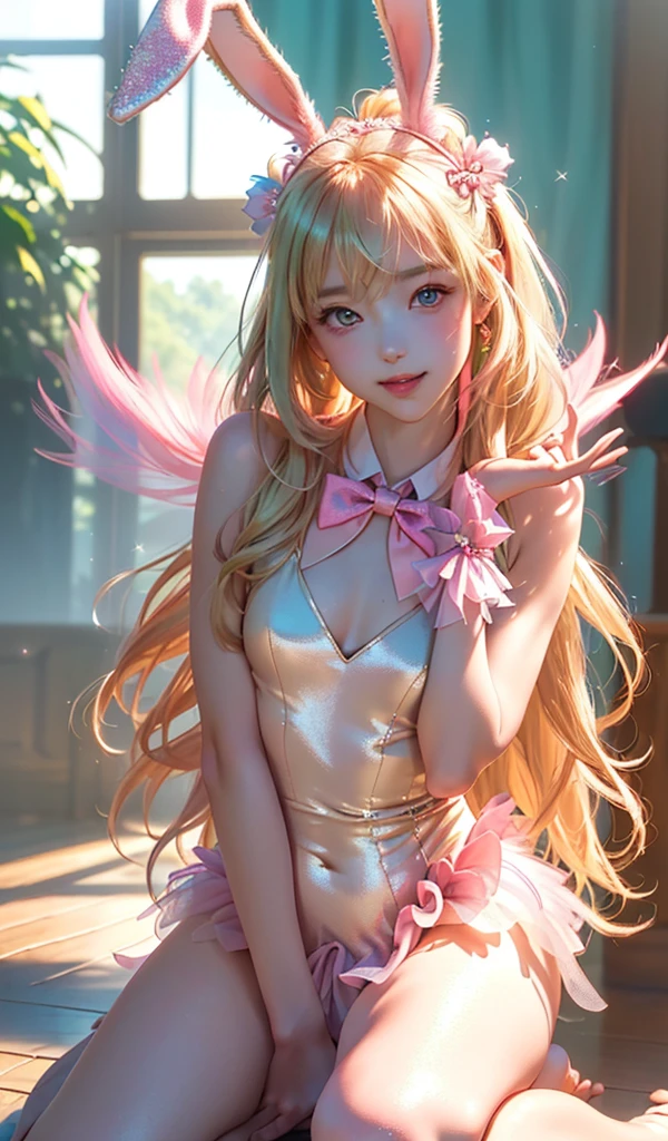 masterpiece, best quality, extremely detailed CG unity 8k wallpaper, (Upper Body head close-up shot of a beautiful  girl), Wendy, Elegant Long straight blonde hair, (Mckenna Grace), ((flat chest,thighs)), ((pink-green)) golden ((Glittering tutu,long Bunny Ear Headgear, , Bow-tie, )), ((Kneel,Lean forward,from below)), (Blush), oil skin, (seductive smile), (Wonderland), pretty face, key art, award winning, intricate detail realism hdr, by (ruan jia and artgerm and range murata), Photorealism, Hyperrealism, ultra realistic, dramatic light, intense shadows, gorgeous view, depth of field
 
