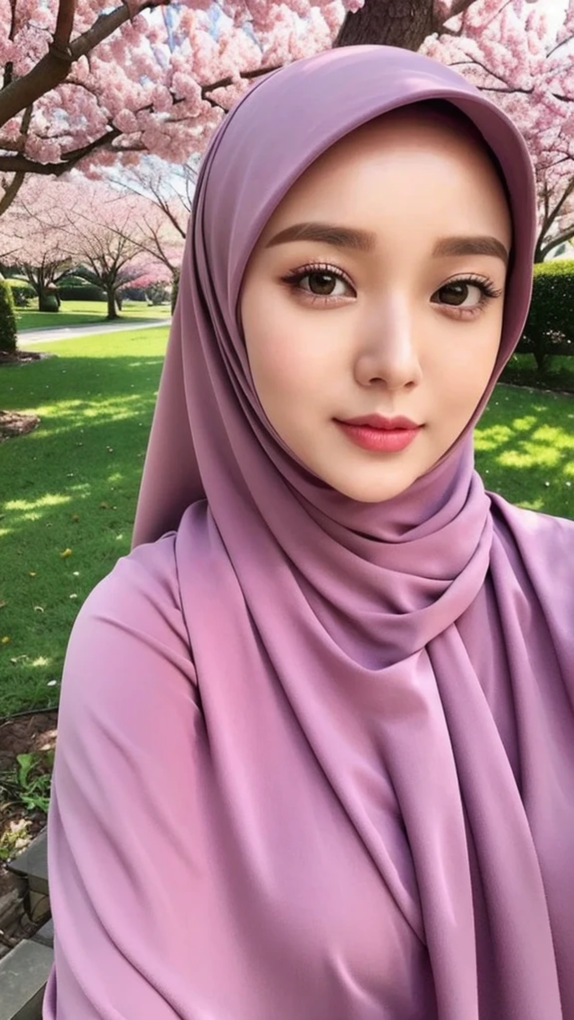 Realistic, ultra sharp, Beautuful Women、hijab, indonesian, cherry blossom、selfee、The face is cute、Vanrak Ayyans appears、1 girl, stylish