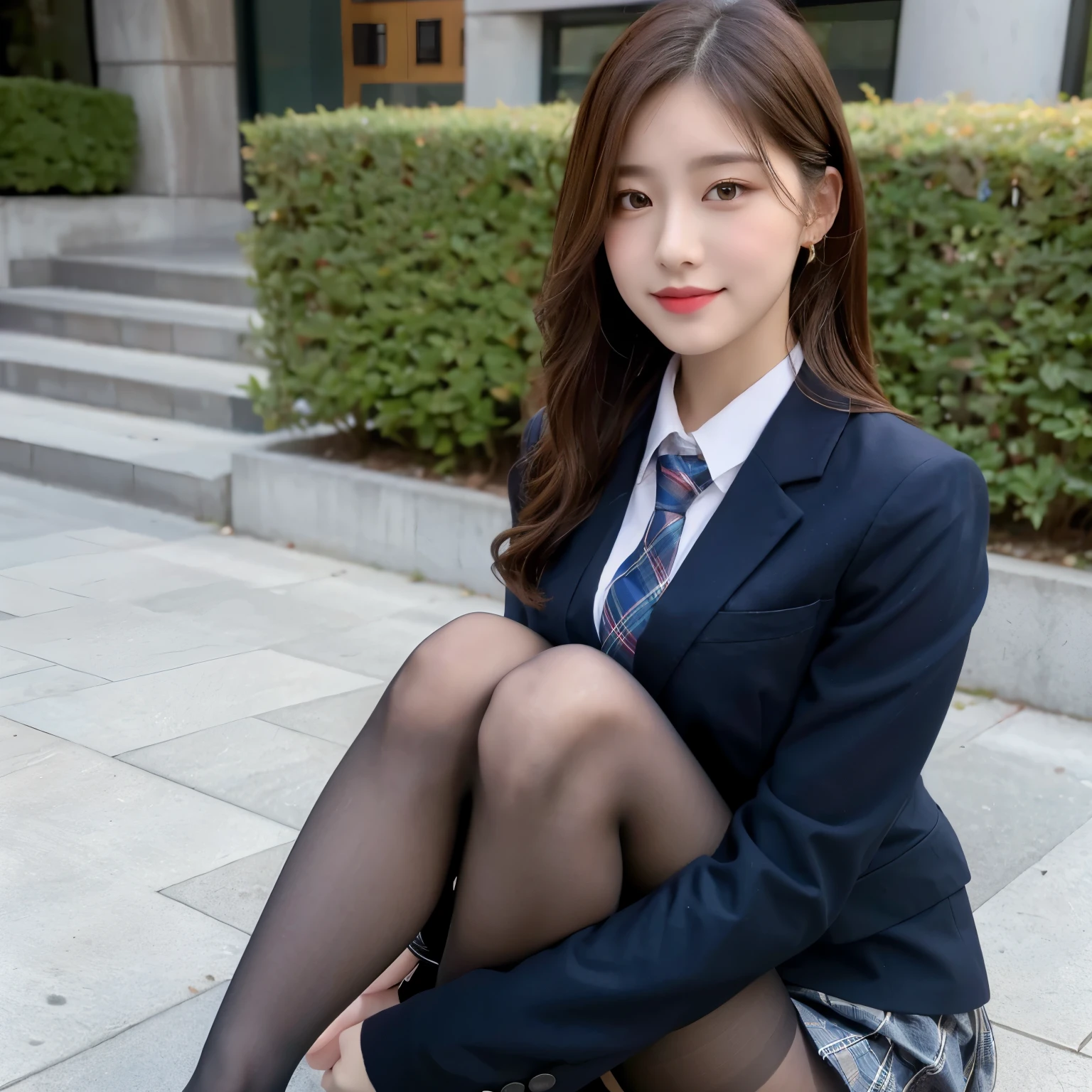 (8K), (highest quality: 1.2), (realistic), (realistic: 1.37), ultra high resolution, (1 girl), cute, smile, closed mouth, beautiful details, beautiful nose, wet hair, giant dulcefo, pork, thighs,self snap,University Student Uniform,simple blazer,pleated skirt,(The pattern of the skirt and tie is a tartan check pattern...:1.3),(sitting:1), sit on the ground,(hugging own legs:1),opaque tights,from the front