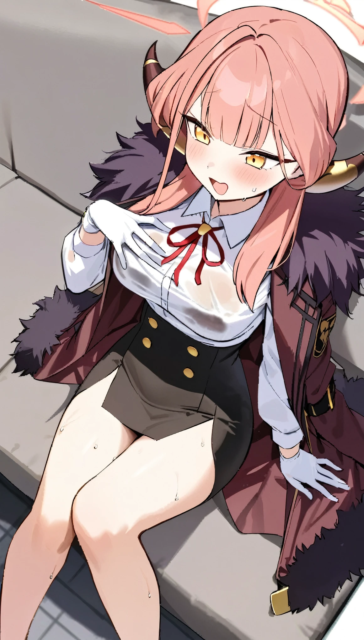 masterpiece,highres,ARU_\(BLUE_ARCHIVE\),SOLO,HORNS,WHITE_GLOVES,HALO,LONG_HAIR,FUR_TRIM,SHIRT,WHITE_SHIRT,BLACK_SKIRT,NECK_RIBBON,COLLARED_SHIRT,YELLOW_EYES,HIGH-WAIST_SKIRT,FUR-TRIMMED_COAT,JACKET,PINK_HAIR,JACKET_ON_SHOULDERS,FUR-TRIMMED_JACKET, sweating,wet clothes,steam,sitting,thigh,wet thigh,thigh together,blush,open mouth,hand on breasts,hand on thigh,from above,cleavge