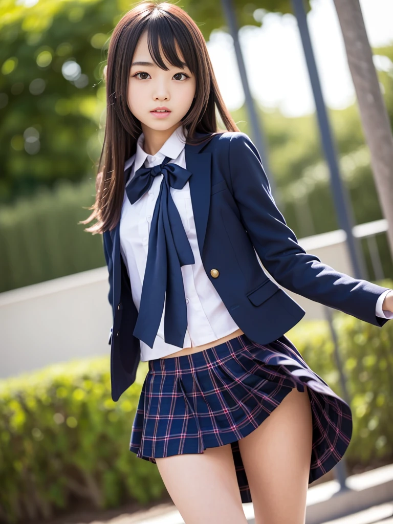 (Only one person), Pure Japanese  girl, wearing loose uniform, (panty), natural makeup and lips, thick eyebrows, natural hair styles, sweet smile, sitting, spread wide legs, lift up skirt, soft sunlight, summer atmosphere, sexual attractive, secret temptation, professional photography, 