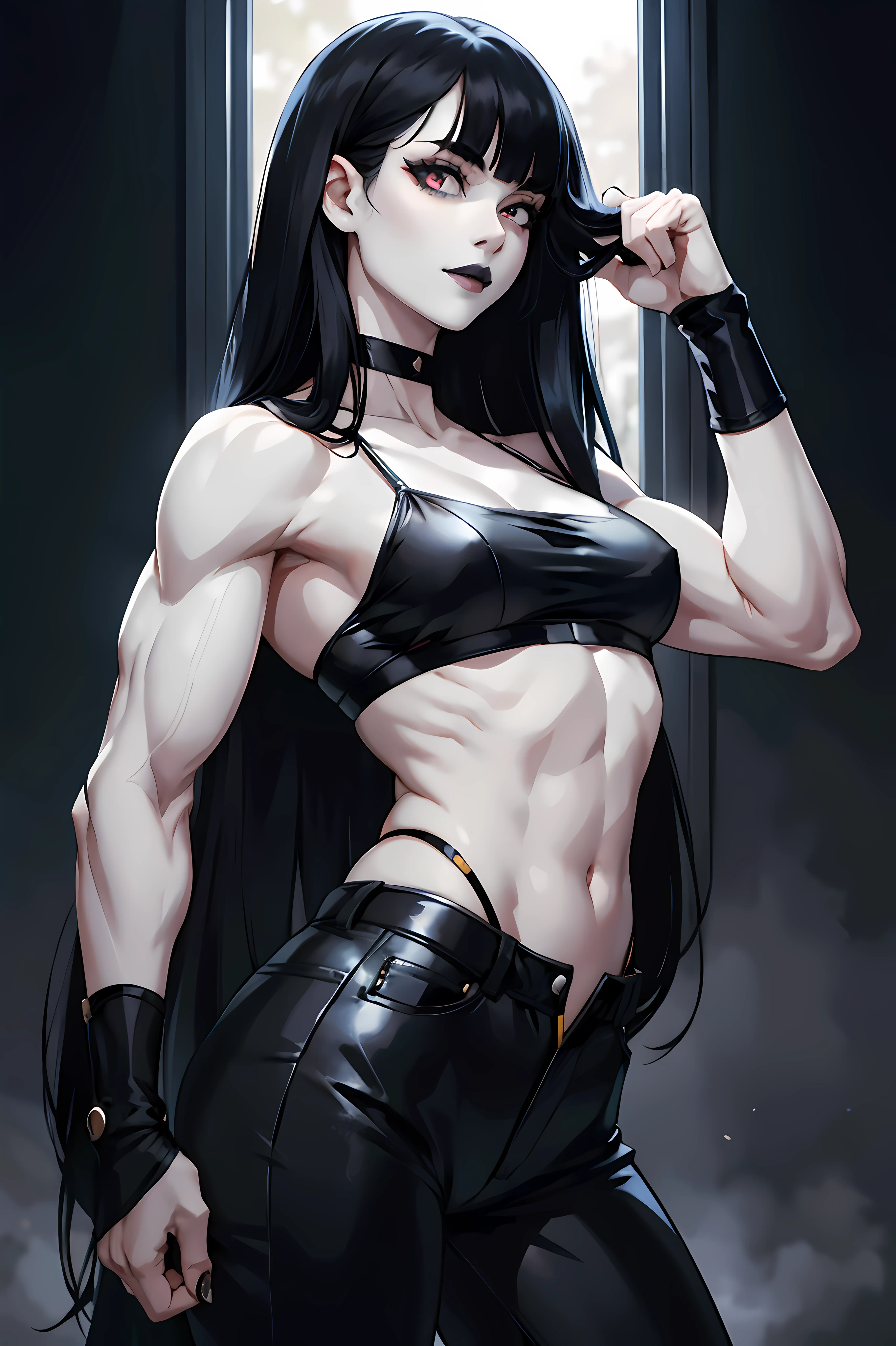 Woman, Black long hair with bangs, pale skin, black lipstick, Double biceps pose