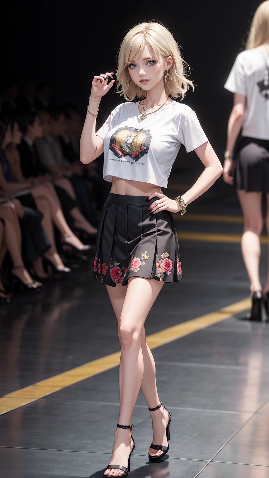 (highest quality, High resolution, masterpiece :1.3), 25 year old white woman、platinum blonde、blue eyeedium long hair、my hair is wavy、smile、Slender but well-proportioned muscular body、I'm wearing earrings、I'm wearing a necklace、Wear accessories on your wrists and ankles、I'm wearing a ring、I don't want my head to disappear from the screen.、Wearing red nail polish、I have a peticure、smile、chest pocketしてる、nice buddy、big breasts、chest pocket、gray background、She's wearing a T-shirt with a large logo printed on it that shows her underbooby abs are cracked、I can see my bellybutton、She is wearing a low-rise mini-length pleated skirt.、wearing high heels、Walking the runway