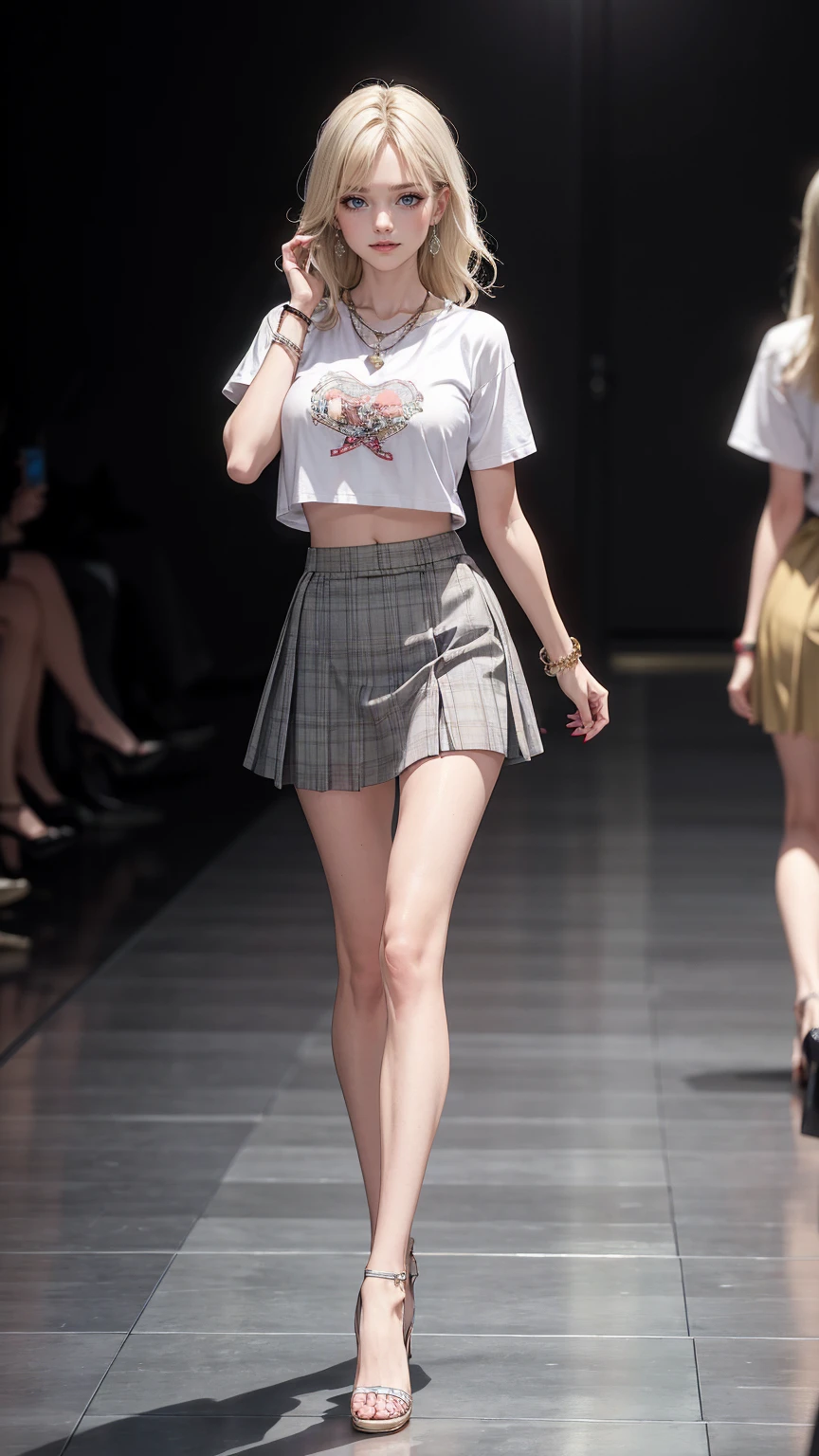 (highest quality, High resolution, masterpiece :1.3), 25 year old white woman、platinum blonde、blue eyeedium long hair、my hair is wavy、smile、Slender but well-proportioned muscular body、I'm wearing earrings、I'm wearing a necklace、Wear accessories on your wrists and ankles、I'm wearing a ring、I don't want my head to disappear from the screen.、Wearing red nail polish、I have a peticure、smile、chest pocketしてる、nice buddy、big breasts、chest pocket、gray background、She's wearing a T-shirt with a large logo printed on it that shows her underbooby abs are cracked、I can see my bellybutton、She is wearing a low-rise mini-length pleated skirt.、wearing high heels、Walking the runway