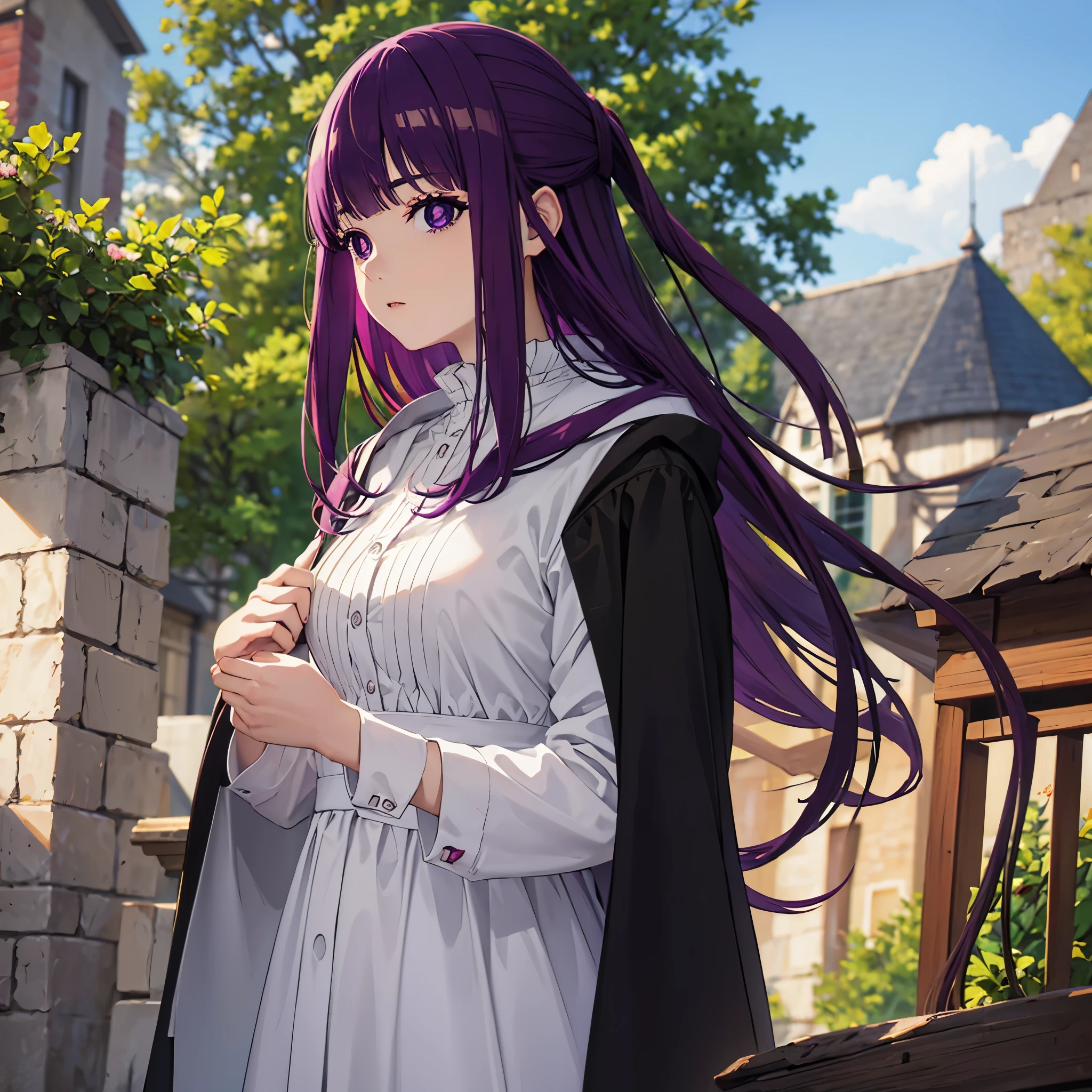 fern, fern, long hair, bangs, (purple eyes:1.1), purple hair, sidelocks, blunt bangs, (bright pupils:1.5), half updo, BREAK shirt, dress, jacket, white shirt, open clothes, hood, white dress, hood down, BREAK outdoors, sky, nature, BREAK looking at viewer, (cowboy shot:1.5), BREAK (masterpiece:1.2), best quality, high resolution, unity 8k wallpaper, (illustration:0.8), (beautiful detailed eyes:1.6), extremely detailed face, perfect lighting, extremely detailed CG, (perfect hands, perfect anatomy),
