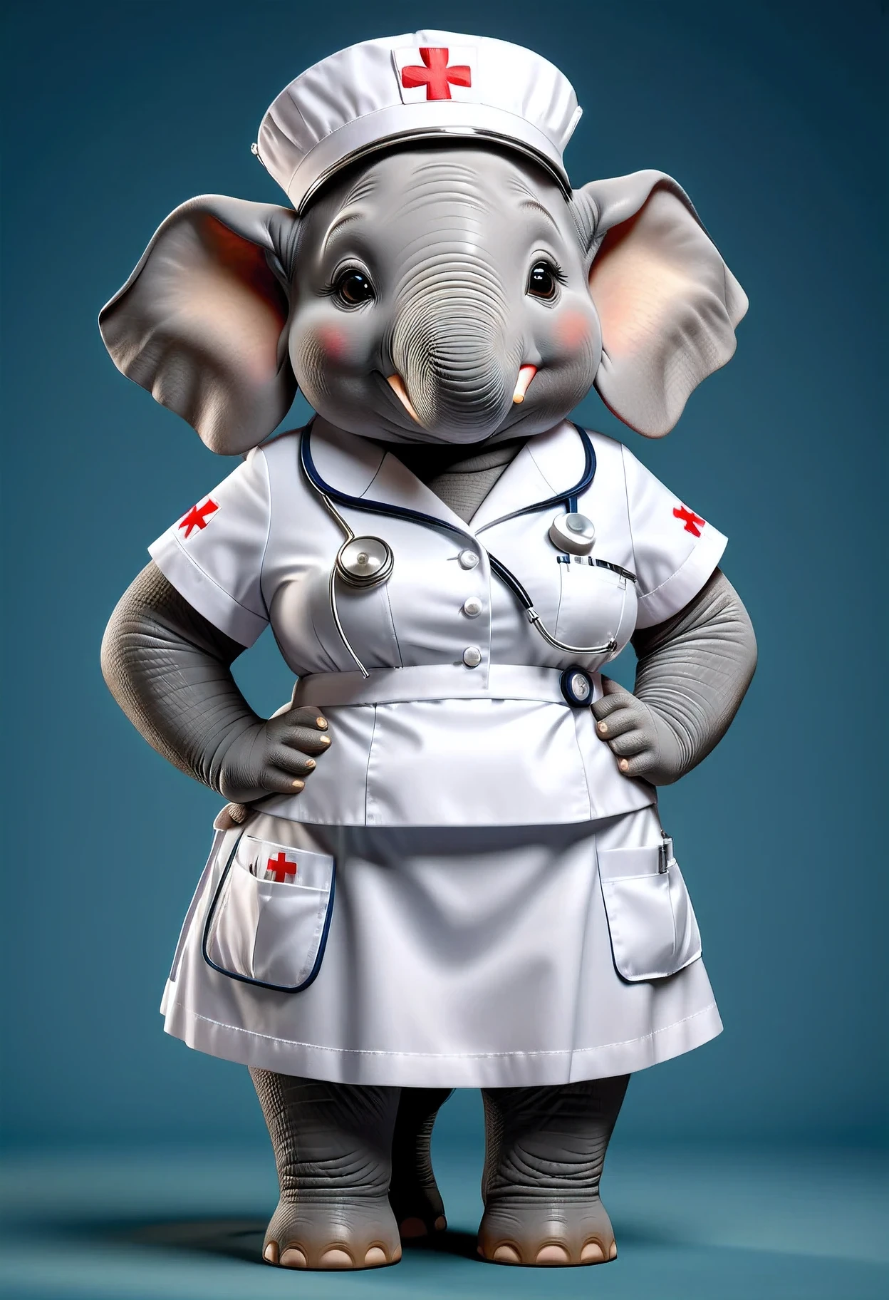 photorealistic portrait of Dressed animals - a ((fat)) cute elephant nurse,(hands on hips:1.2),(), high quality,(lovely) ,intricate details, highly detailed (( nurse costume)), wearing nurse cap and skirt , highly detailed medical equipment , (happy), studio lighting,(),(simple background)